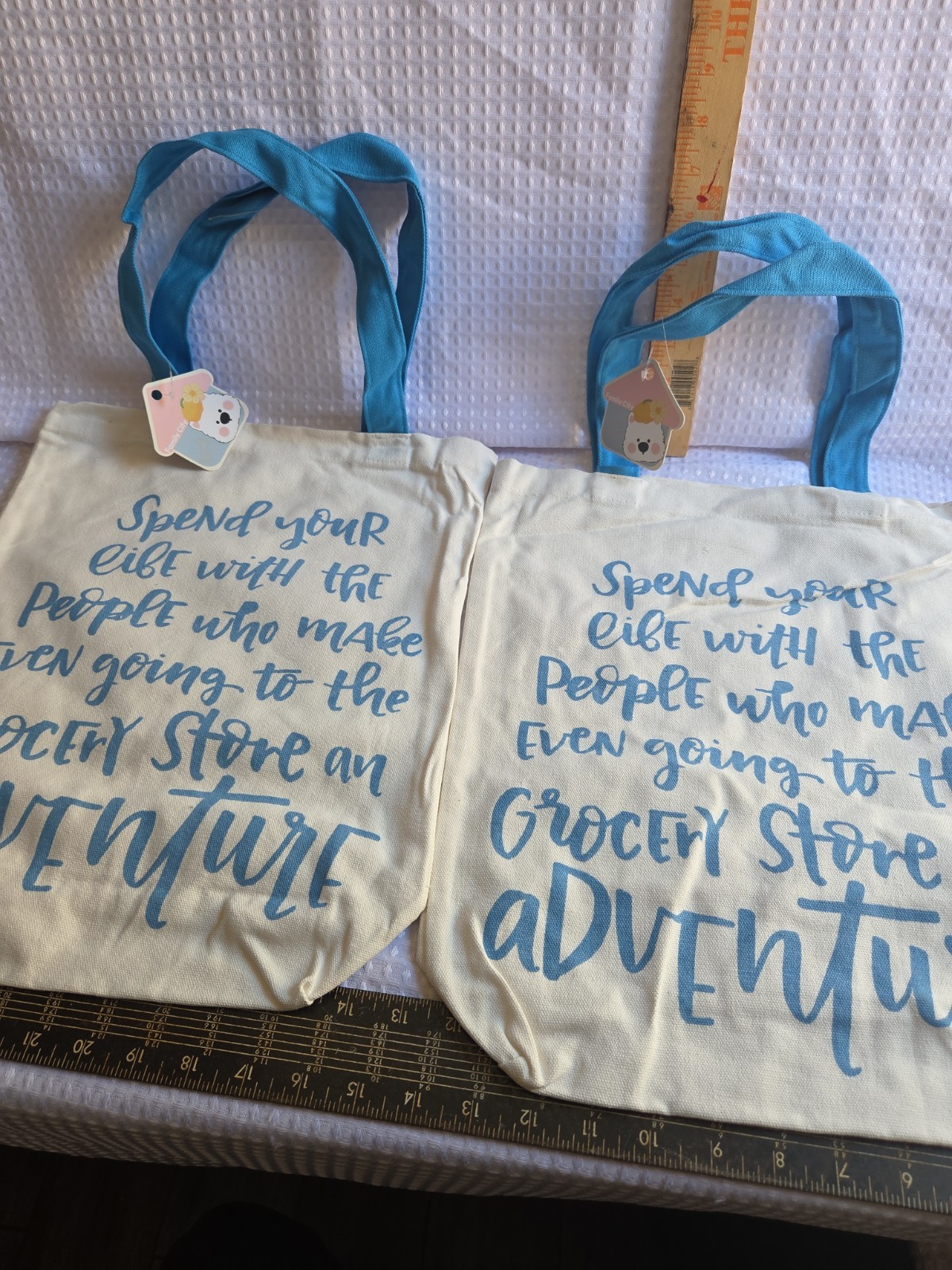 White & Light Blue Canvas Foldable Reusable Shopping Bag with Text Print Lot Of2