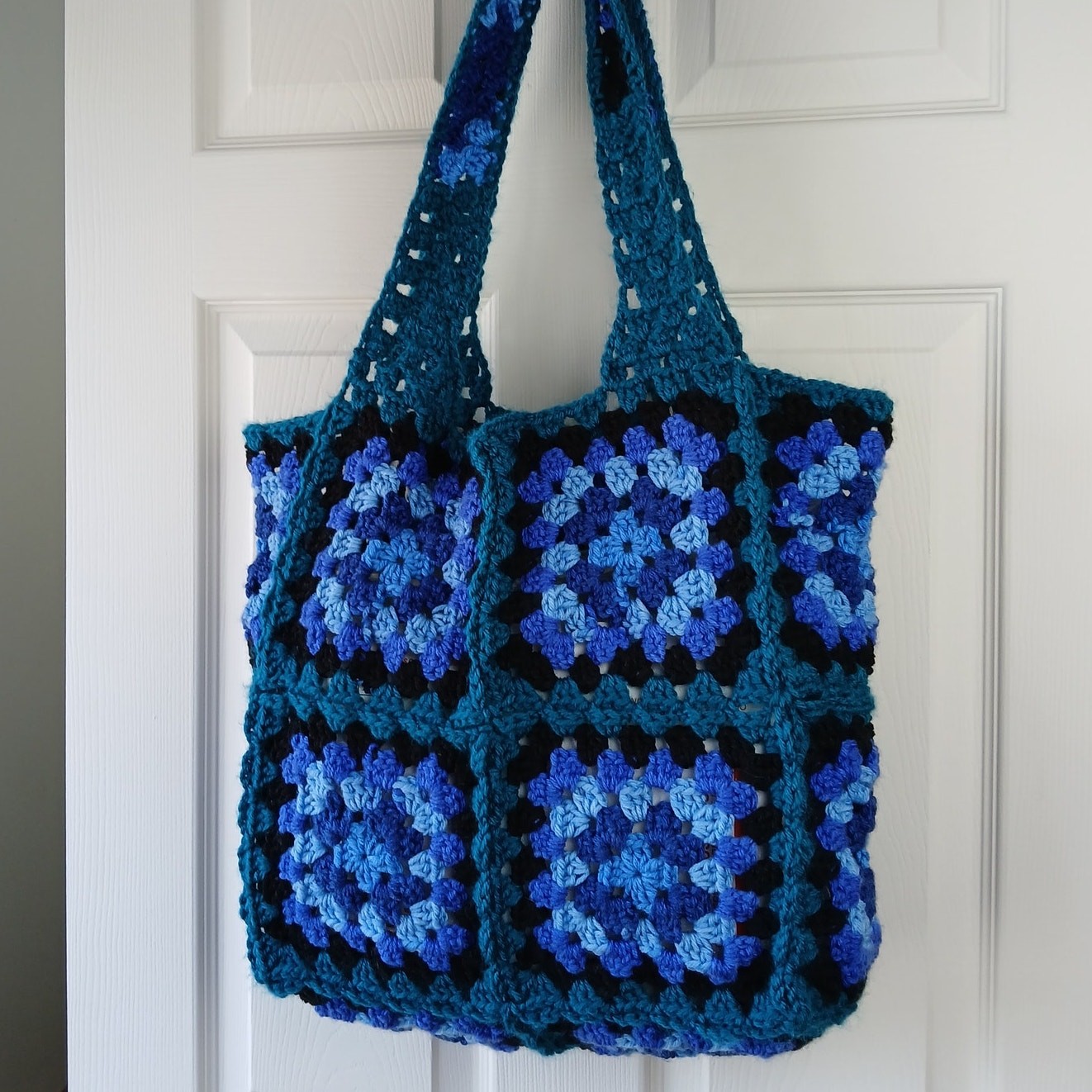 Granny Square Tote Bag Beach Bag reusable grocery sack blue teal black handmade