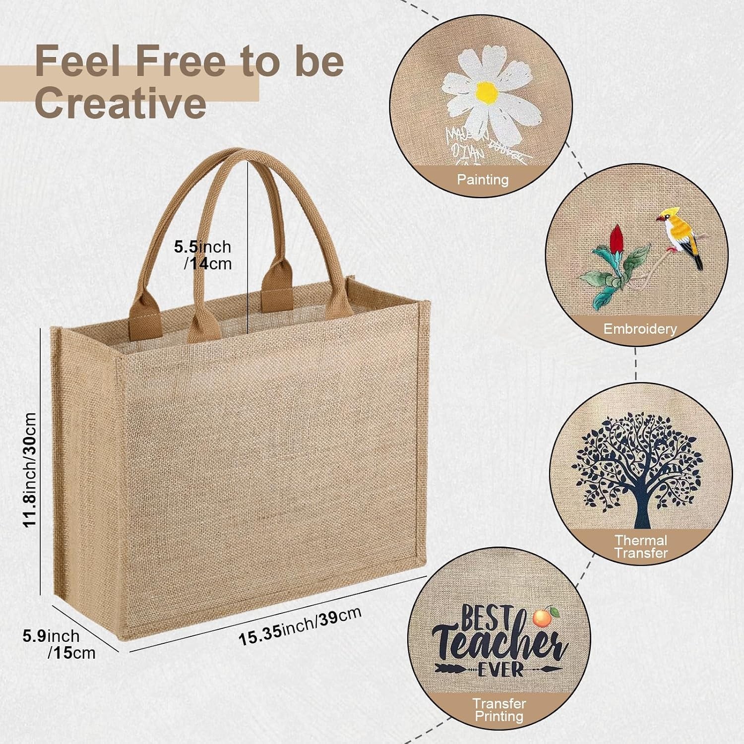 10 Pack Reusable Jute Tote Bags with Handles, 15.1X11.8X5.5 Inch Large Natural