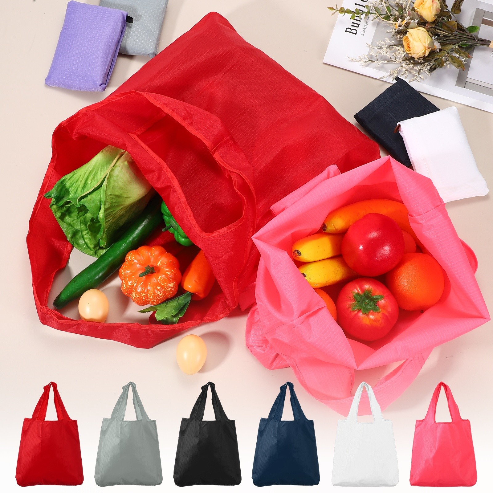 Washable Shopping Bags with Handles Bulk, Foldable Grocery Bags, Purple&L