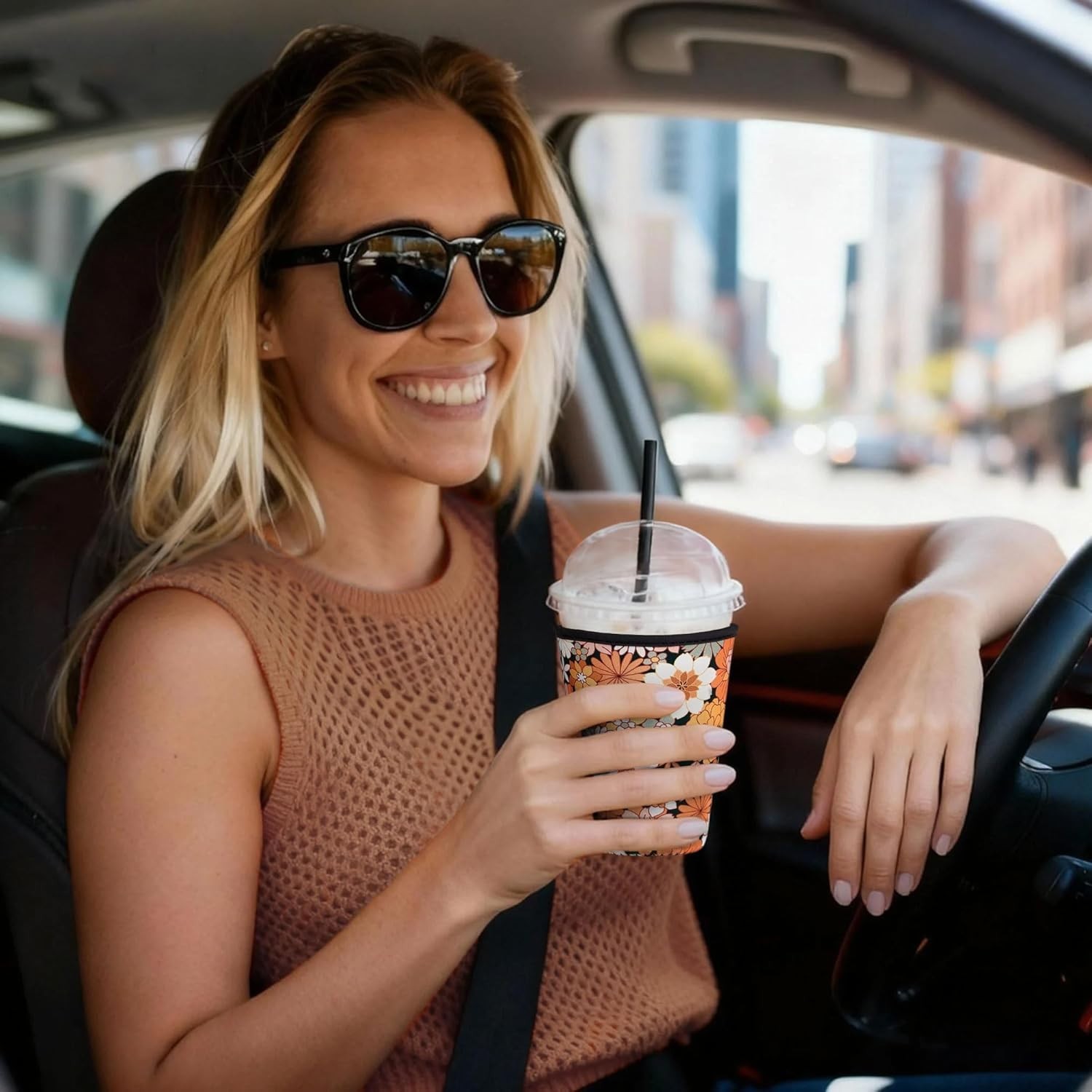 Eco-Friendly Iced Coffee Sleeve – Medium 22-28oz Neoprene Cup Holder, Bohe Daisy