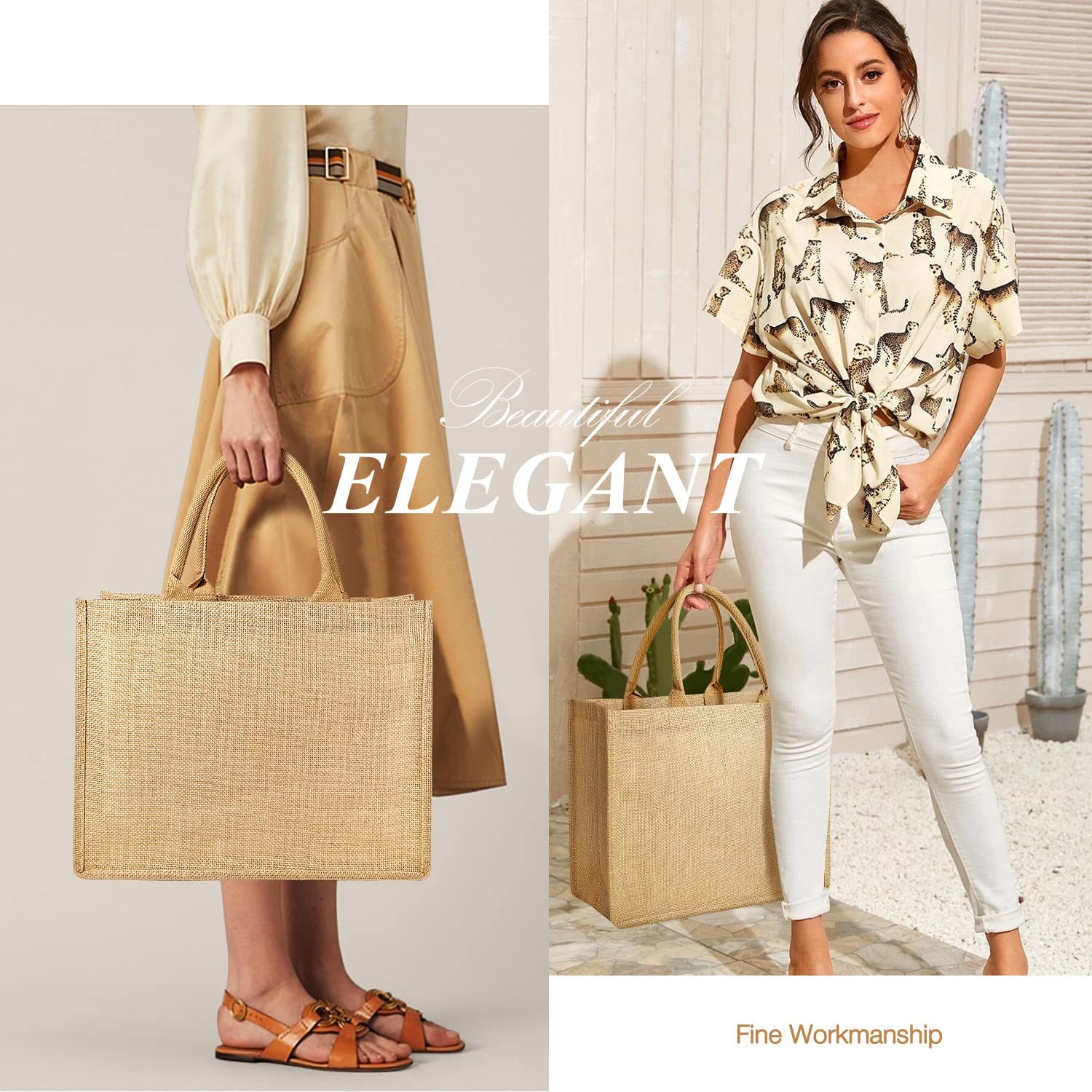 Jute Tote Bags Burlap Reusable Shopping With Laminated Interior Soft Handles