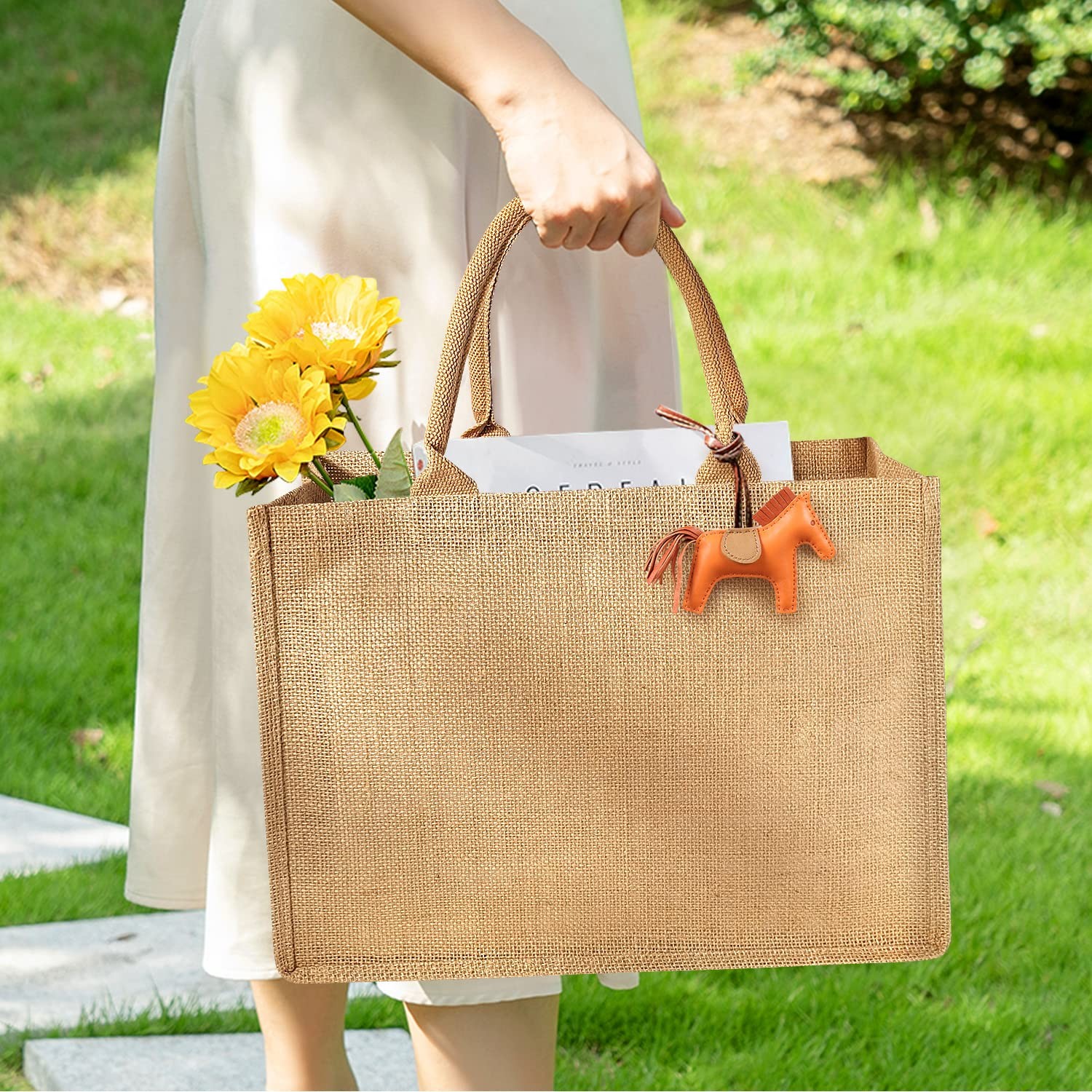 Jute Tote Bags Burlap Reusable Shopping With Laminated Interior Soft Handles