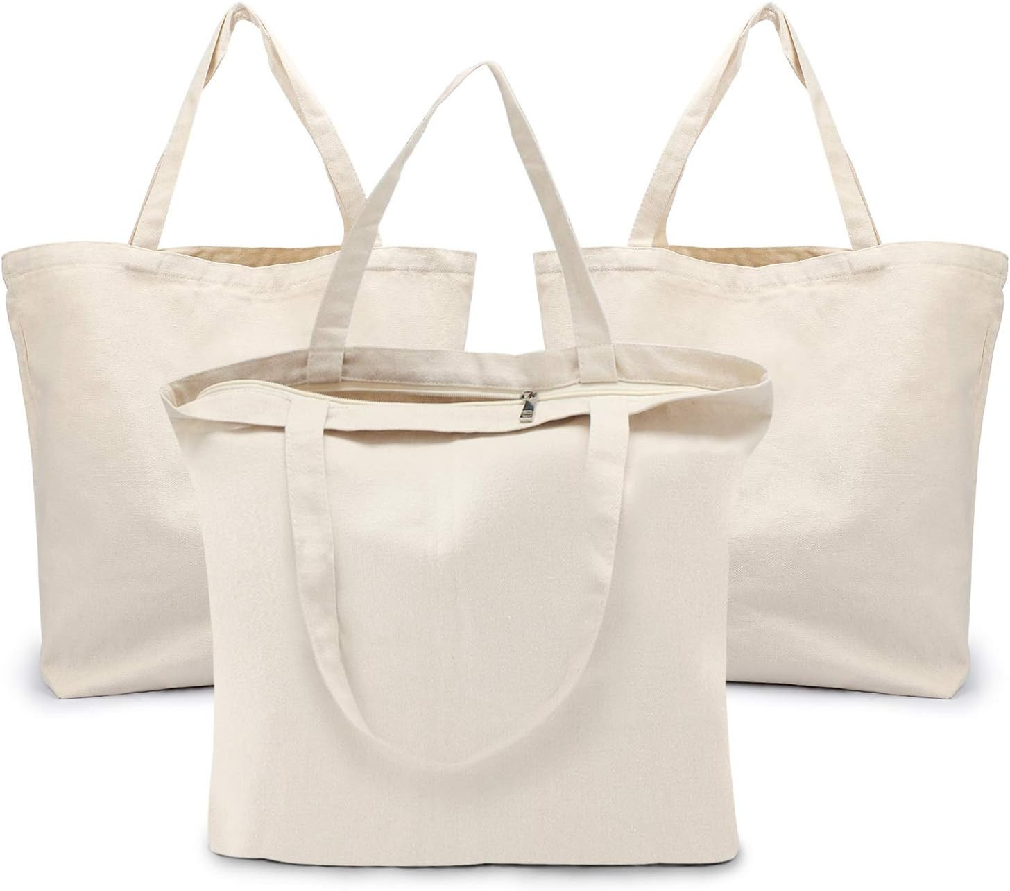 Blank Tote Canvas Bag with Zipper, 3Pcs 19.7X15.7 Inch Bags with Handles, 12Oz H