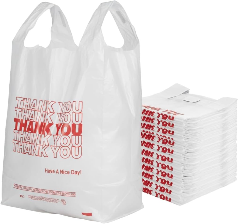White ‘Thank You’ HDPE T-Shirt Bags – Grocery Bags with Handles – 1/6 BBL Size
