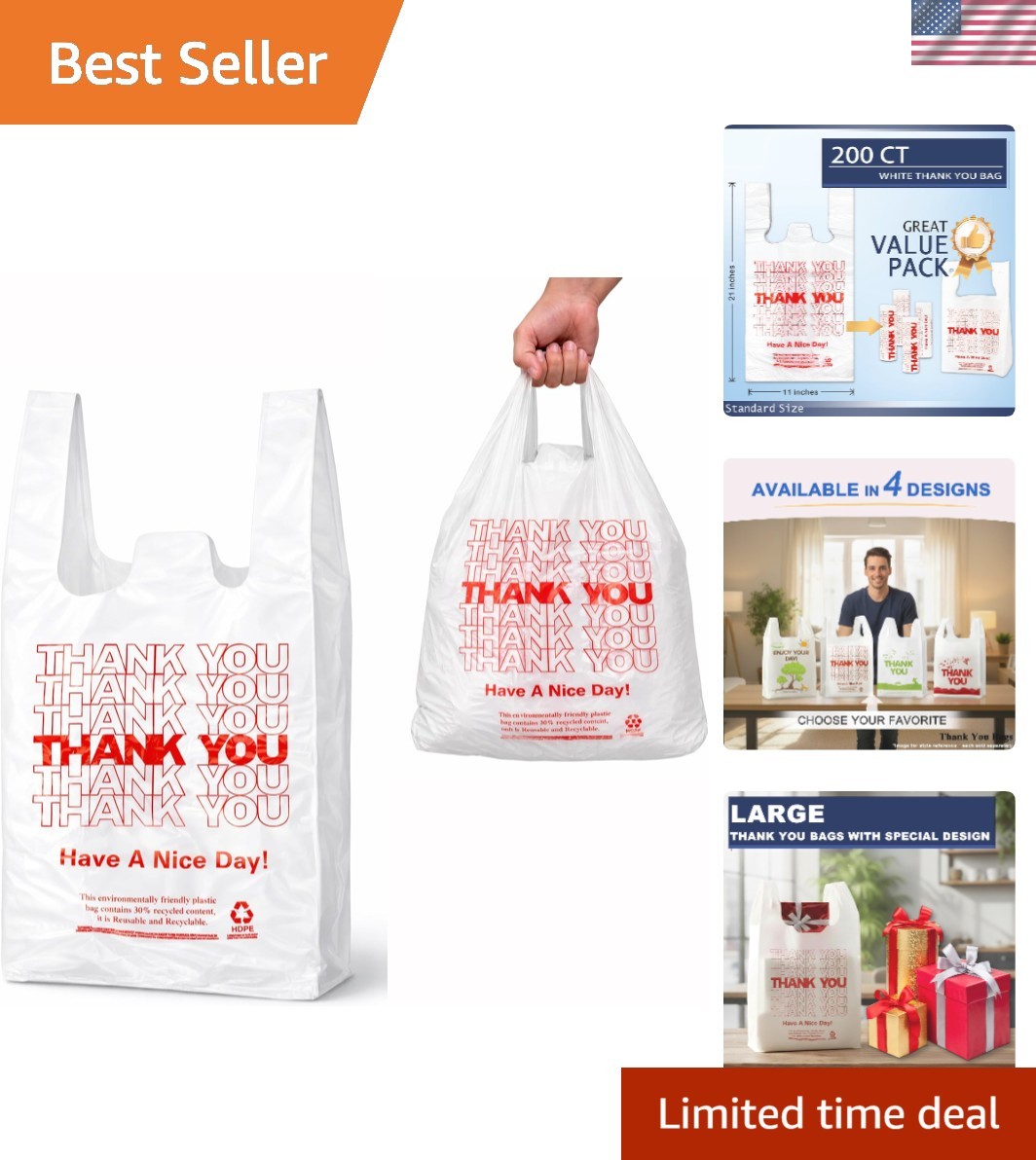 200PCS White Thank You T-Shirt Bags – Reusable & Disposable Grocery Bags 11x6x21