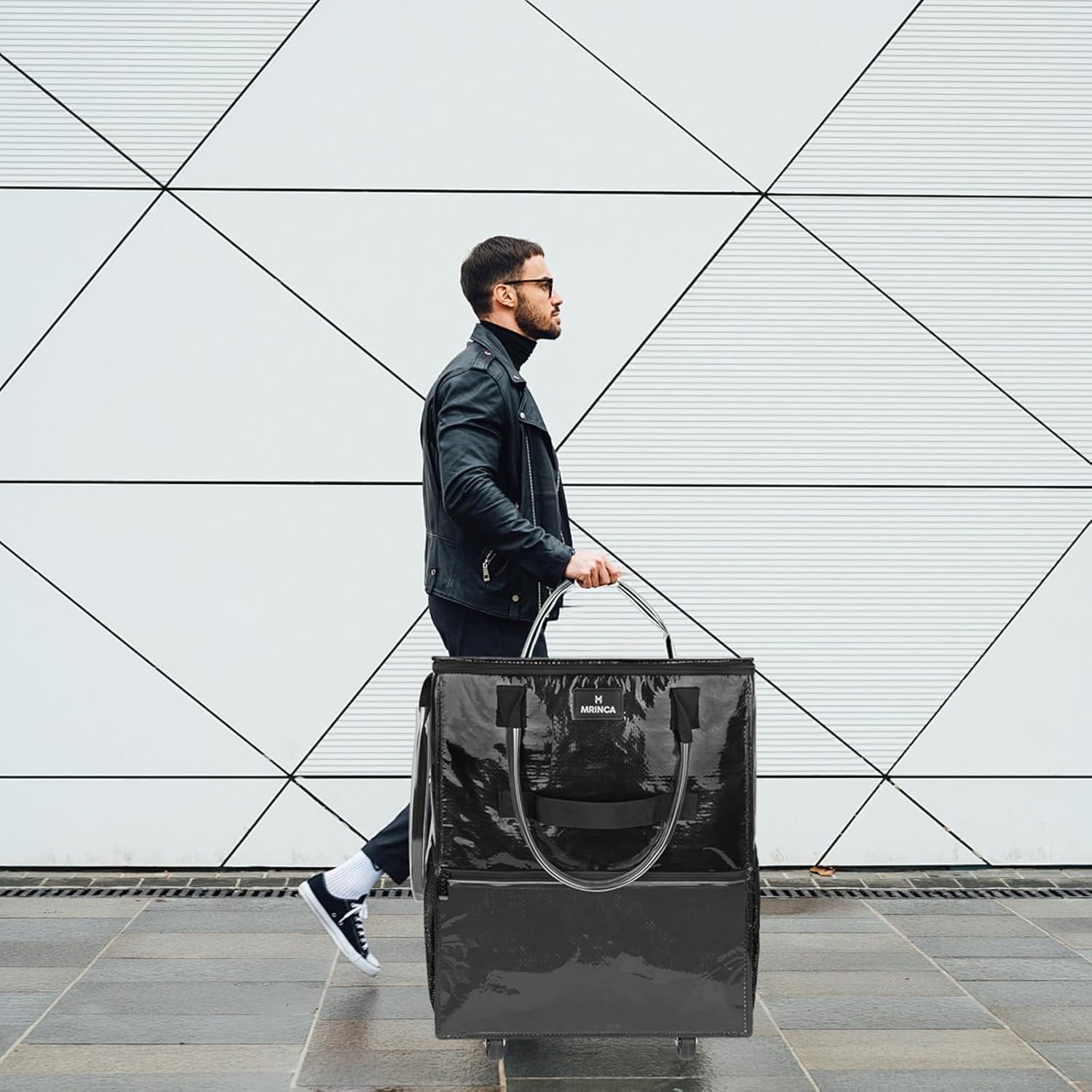 MRINCA Large Reusable Shopping Bag with Wheels Black Multiple Pockets Zippered