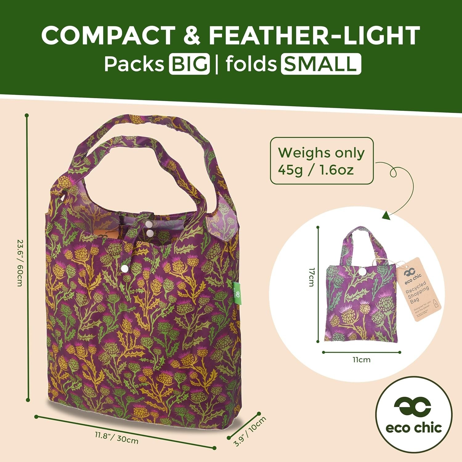 Thistle Purple Floral Foldable Reusable Grocery Tote – Eco-Friendly & Waterproof
