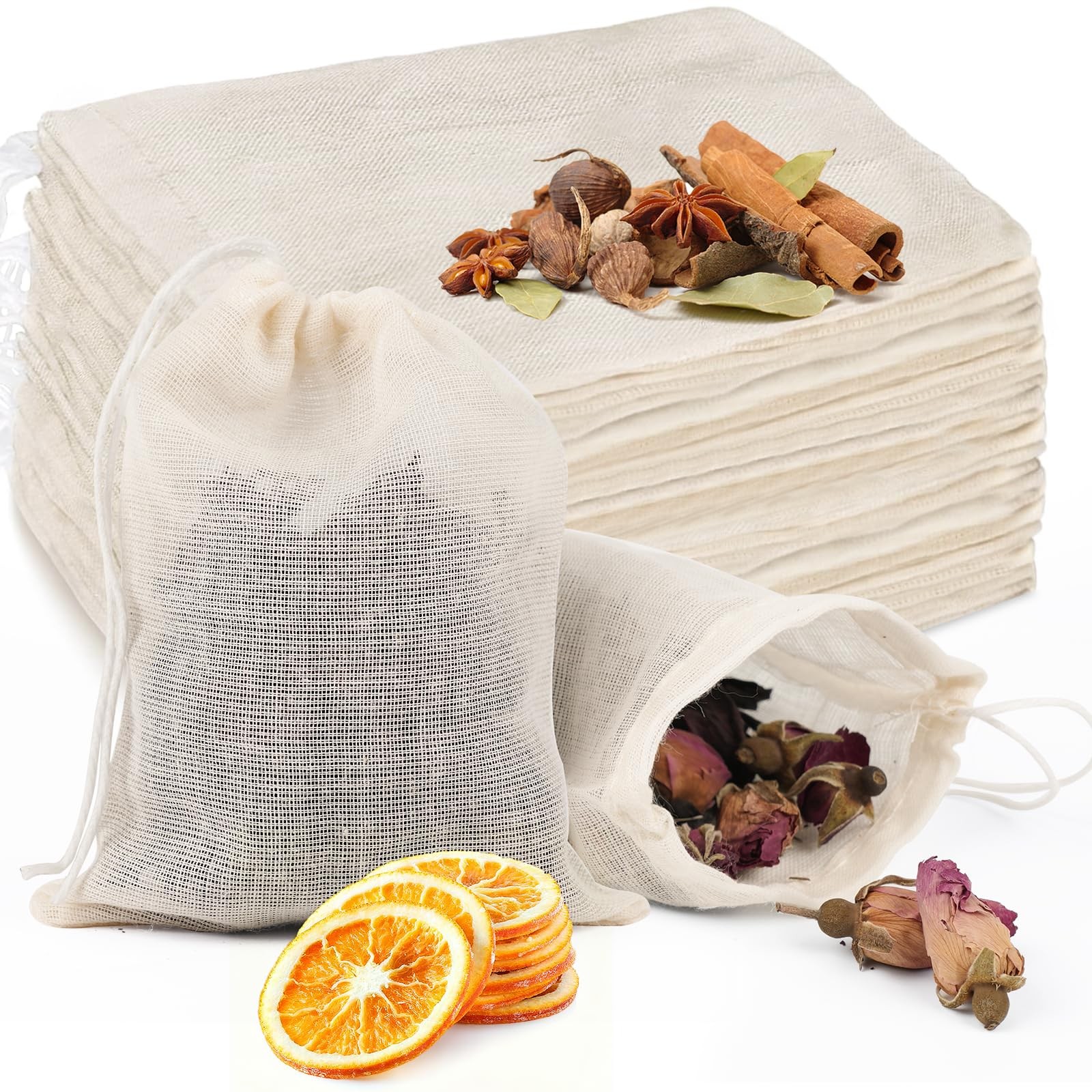 GliSun 50 Pcs Muslin Drawstring Bags Reusable Tea 3 x 4 inches, Natural