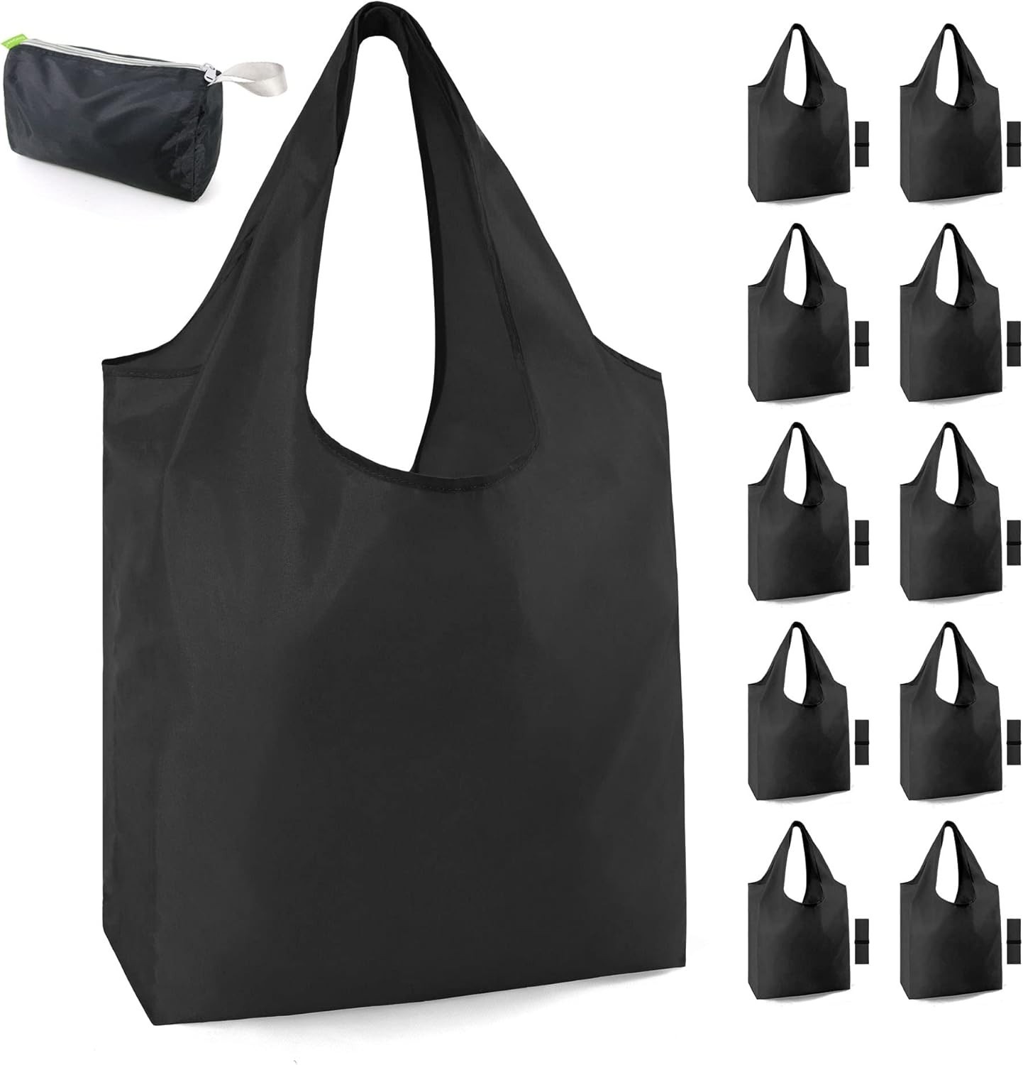 Reusable 10 Pack Black Grocery Bags with Storage Pouch – Eco-Friendly & Durable