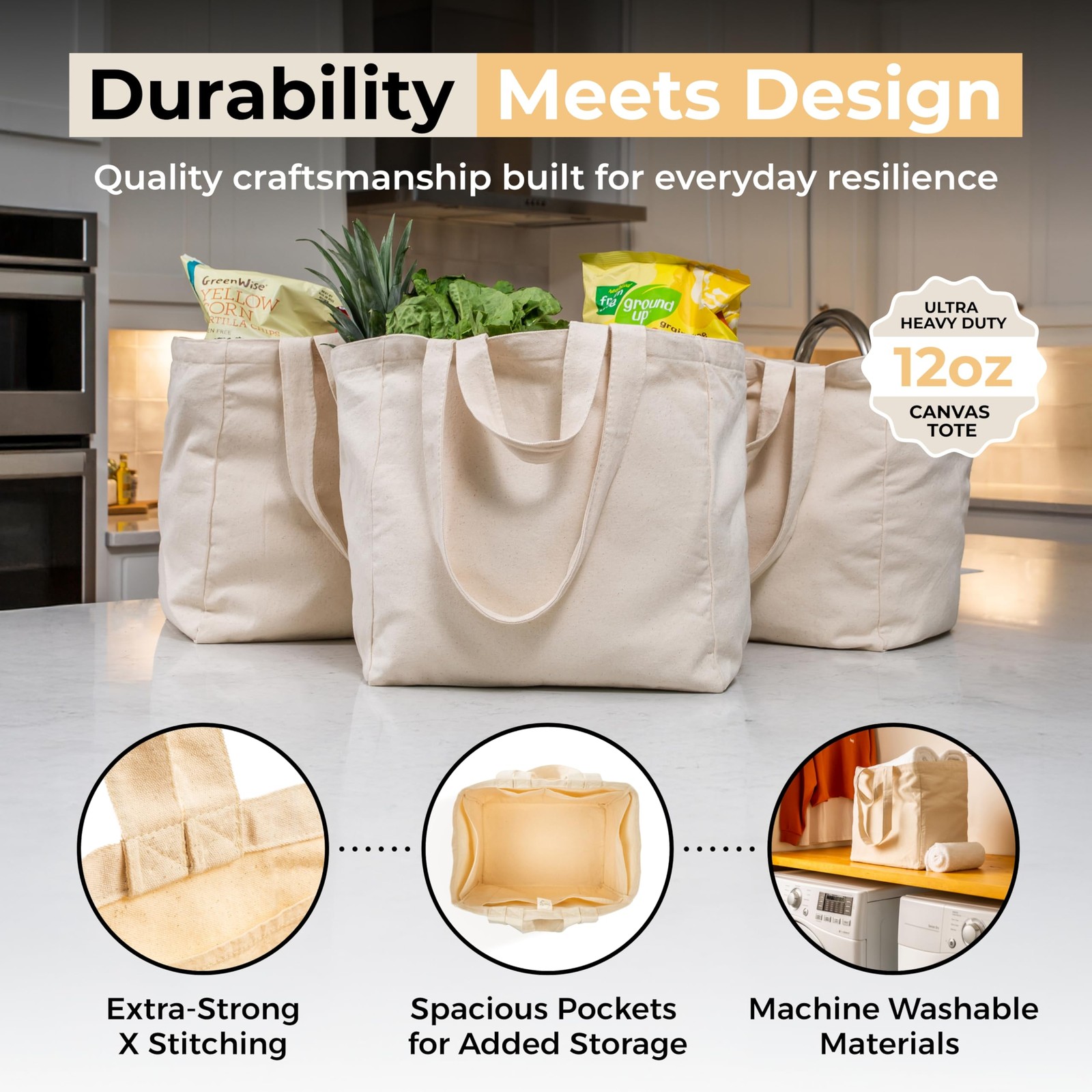 3pc Canvas Grocery Bags with Pockets, Shoulder Straps – Foldable, Washable He…