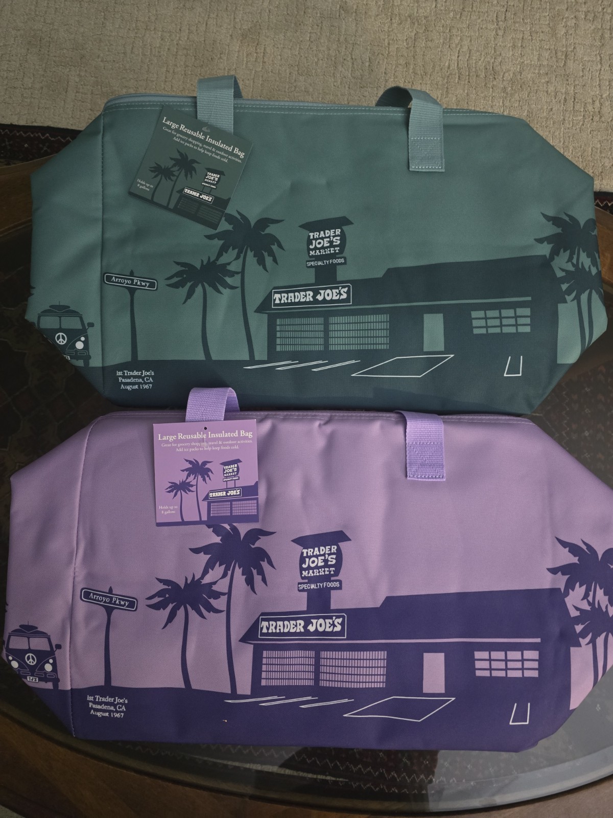 Trader Joe’s NEW Spring Large Insulated Bags set of 2, 8 gallon Green & Purple
