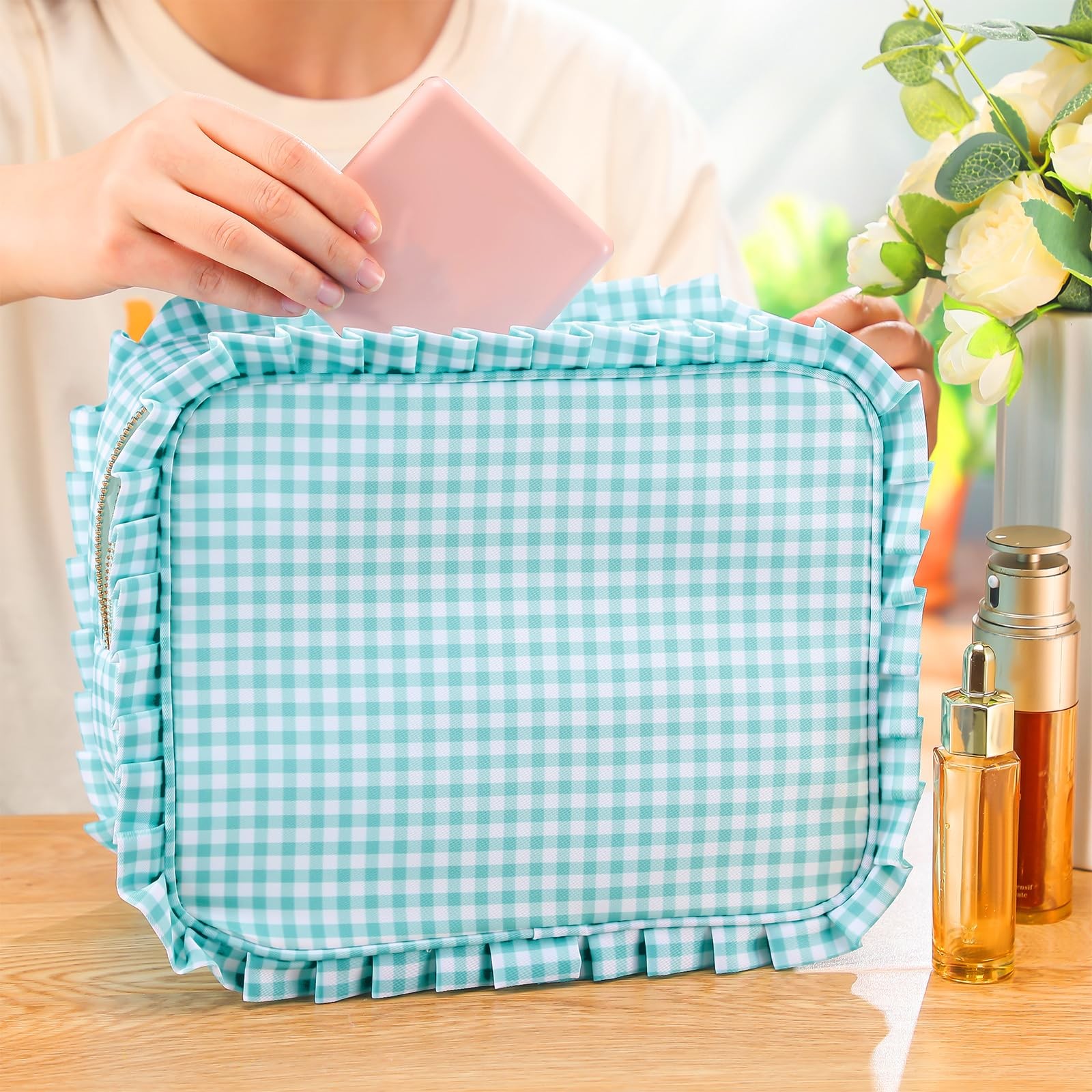 SilTriangle Mint Gingham Ruffle Makeup Bag 10 x 8 x 4.5 Inches Large