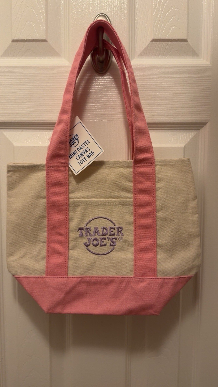 Trader Joe’s Mini Pastel Canvas Tote Bag Set of 2 Pink Purple Logo 13x11x6