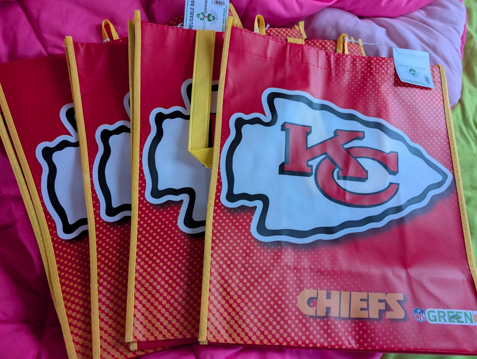 NFL Green Kansas City Chiefs Logo Reusable Tote Bags Red/Yellow Large -4 Pack