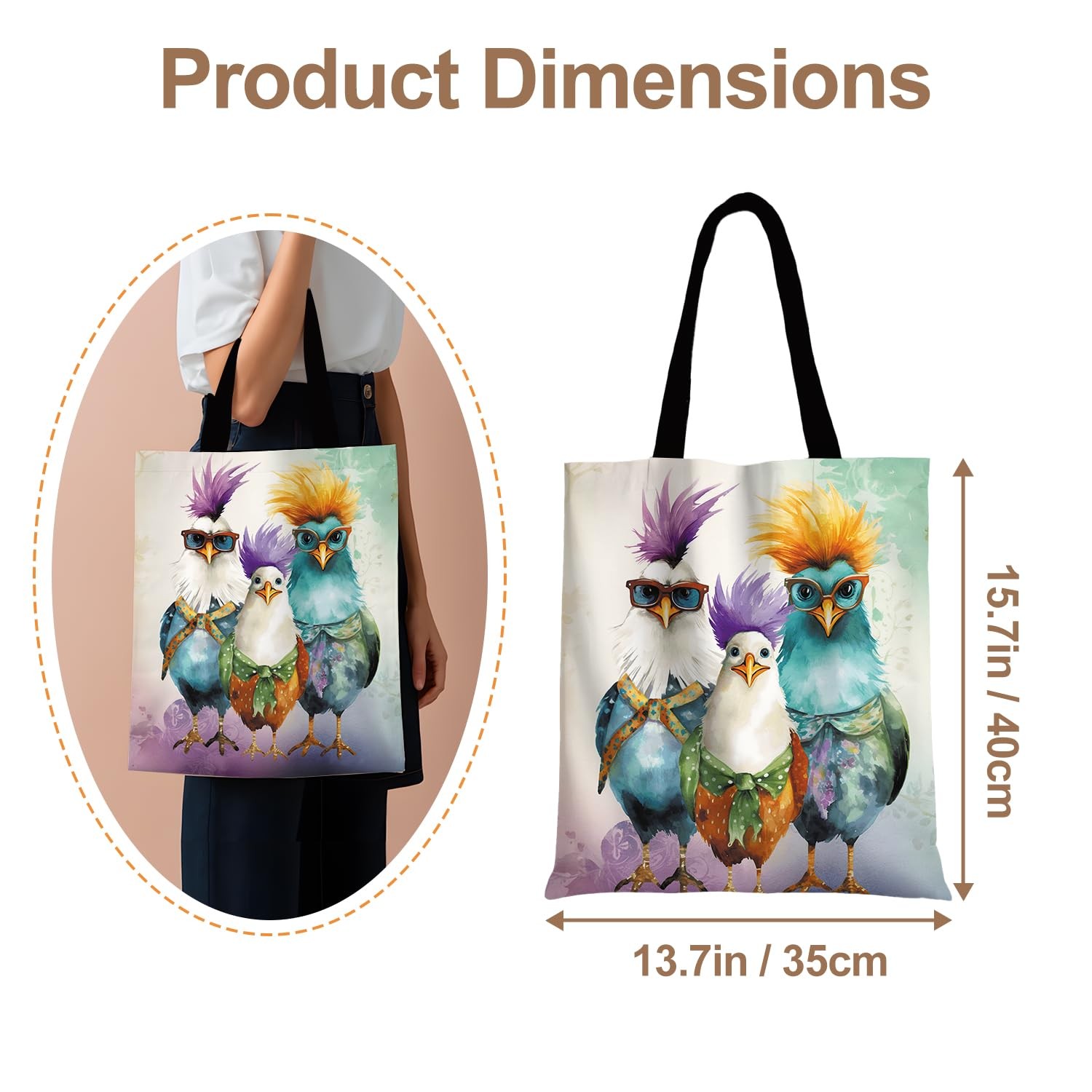 Funky Chicken Canvas Tote Bag – Double-Sided Printed Colorful Shoulder Bag wi…