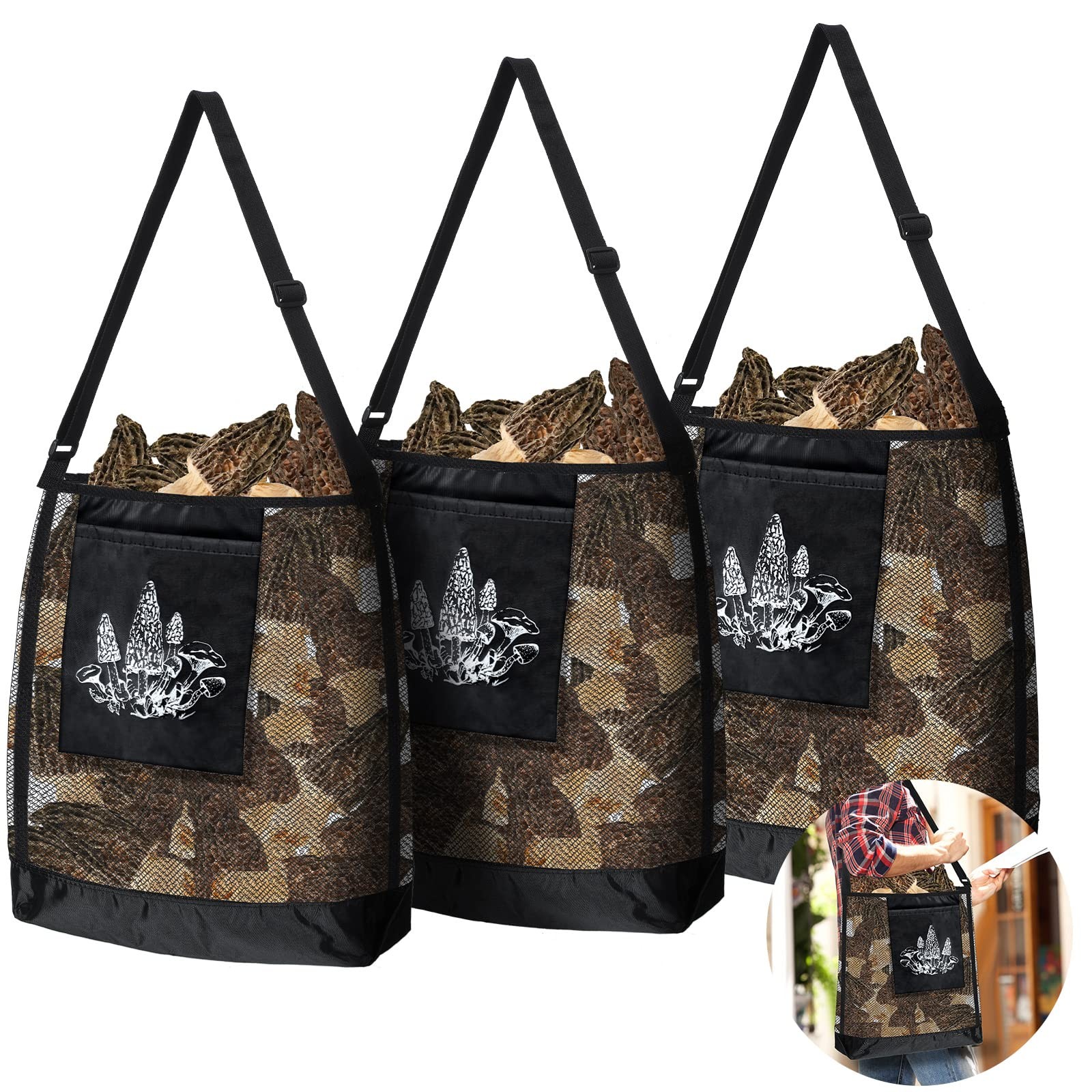 Woanger 3 Pcs Mushroom Foraging Hunting Bags Black Mesh Medium,