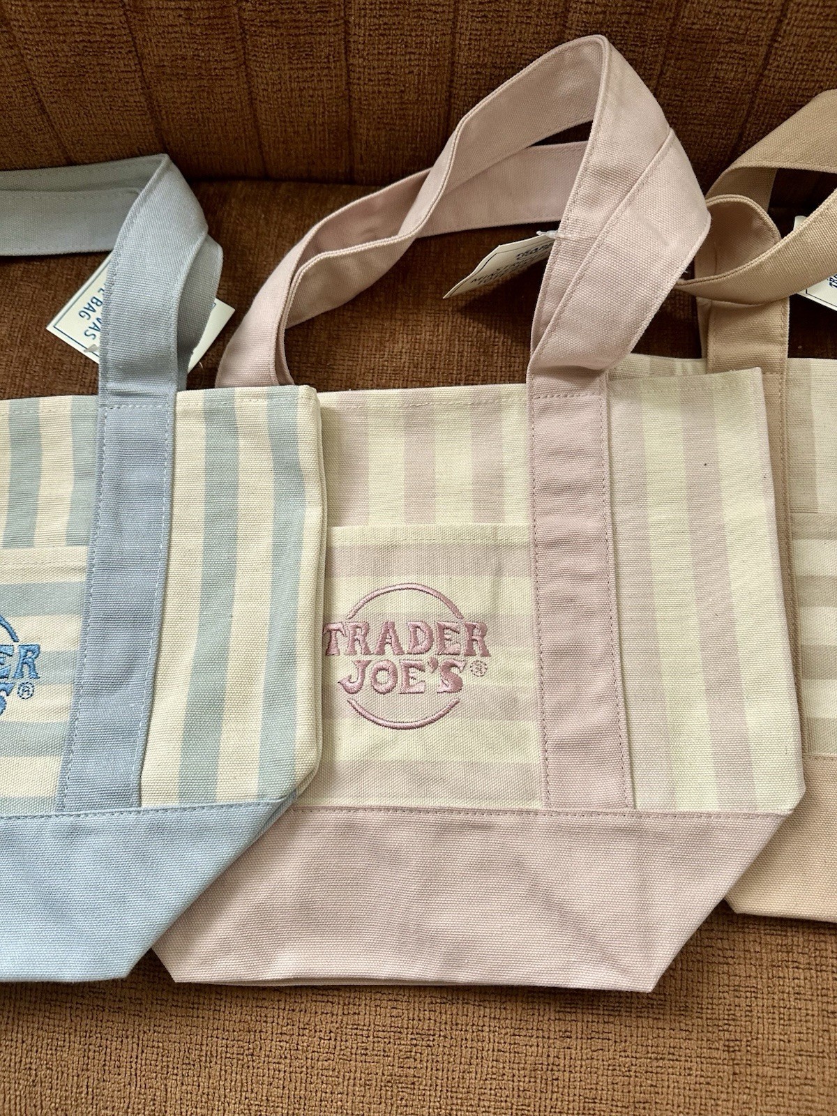 TRADER JOE’S MINI PASTEL STRIPE CANVAS TOTE BAGS SET Of 4 PINK BLUE GREEN BEIGE