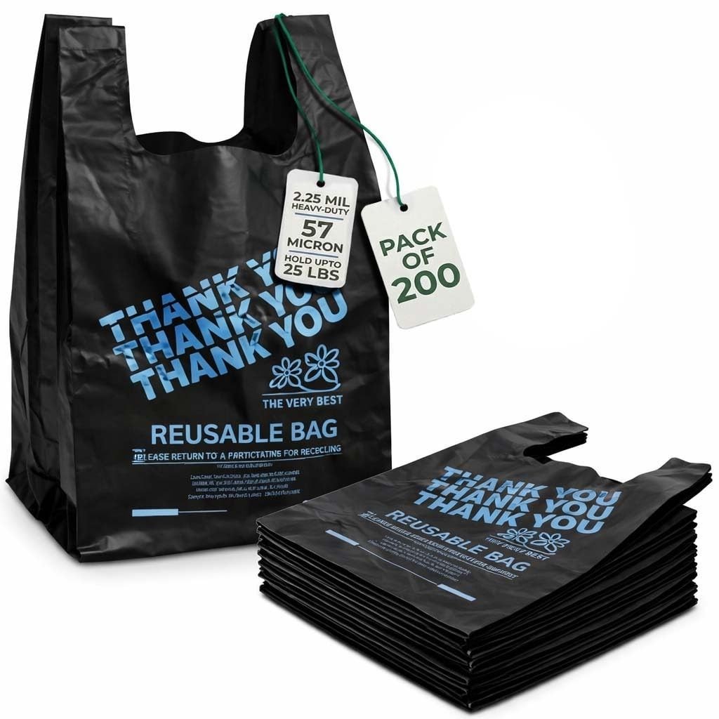 Heavy Duty Reusable Grocery Bags 12″x7″x22″ – 200 Count LDPE T-Shirt Bags, 25 lb