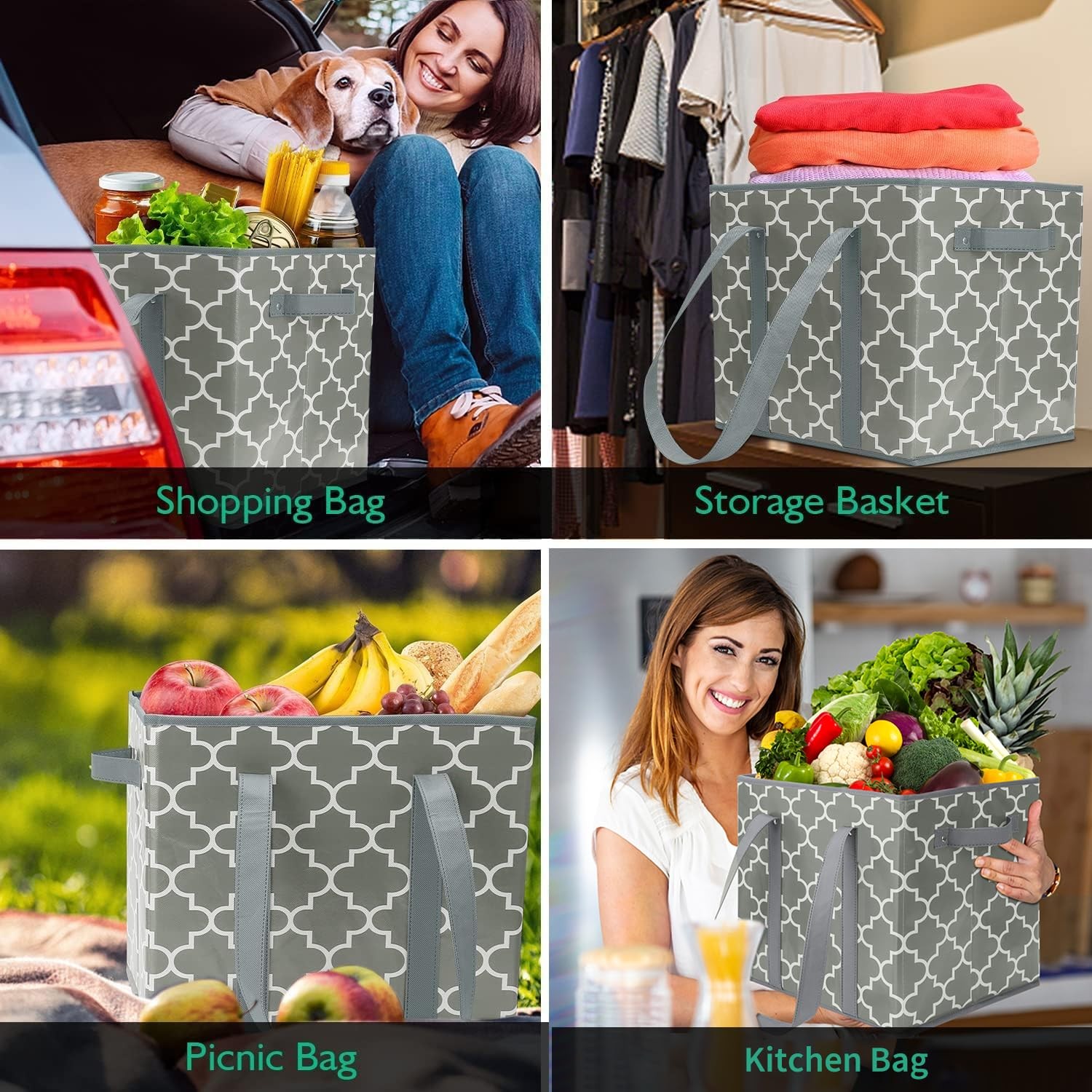 WISELIFE 3-Pack Reusable Grocery Bags Foldable Washable Storage Bins Basket W…