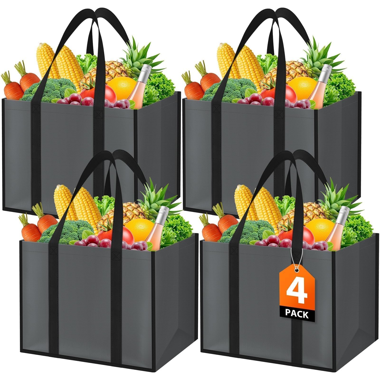 Reusable Grocery Bags with Handles – 4 Pack, 35L Large Shopping Bags for Groc…