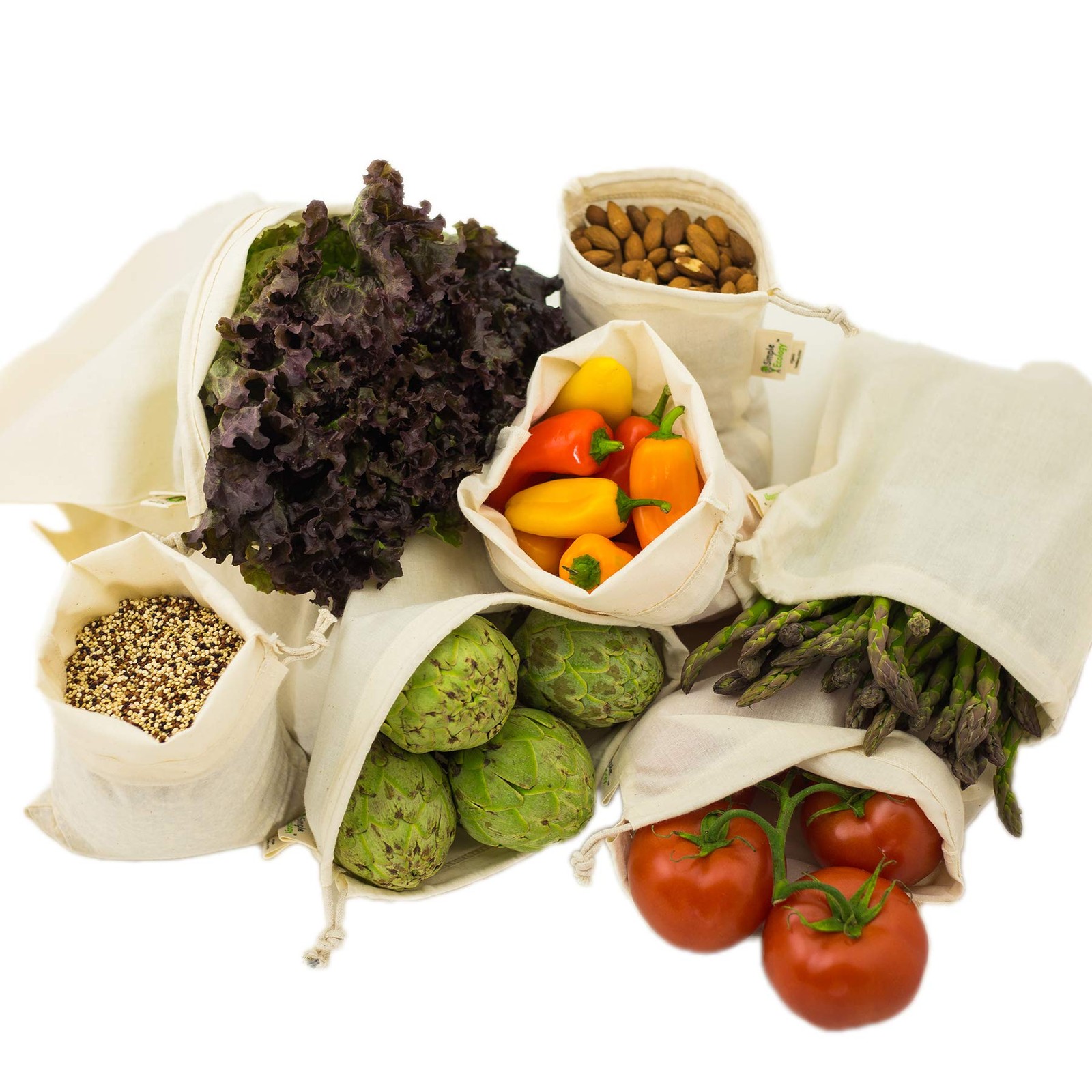 Simple Ecology Reusable Grocery Set of 6 (2 ea. L,M,S), Natural Cotton