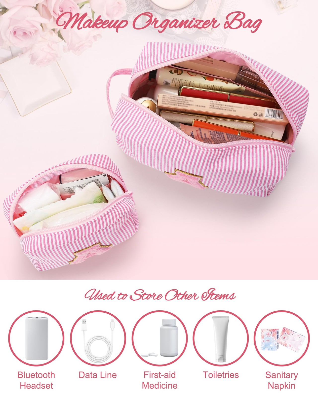 MONSTINA Easter Basket Gifts for Teens,Initial Makeup Bag,Monogram Pink 2