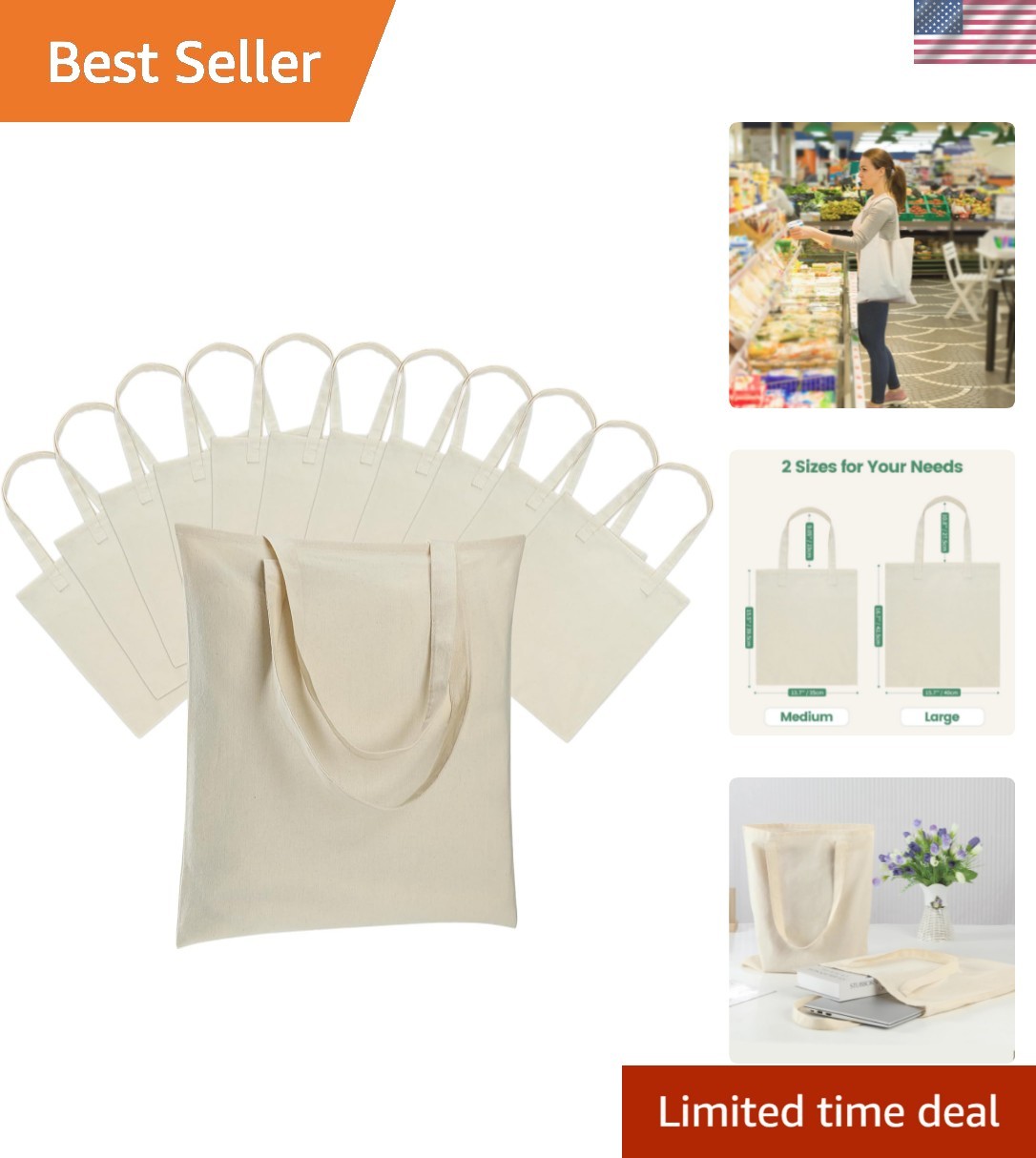 12 Pack Canvas Tote Bag – Lightweight Thin Tote Bags Bulk Blank Shopping Reus…