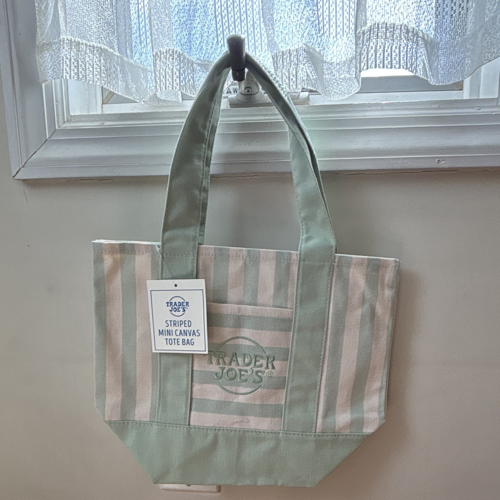 Trader Joe’s Striped Mini Canvas Tote Bag Green/Pink/White 14x10x9