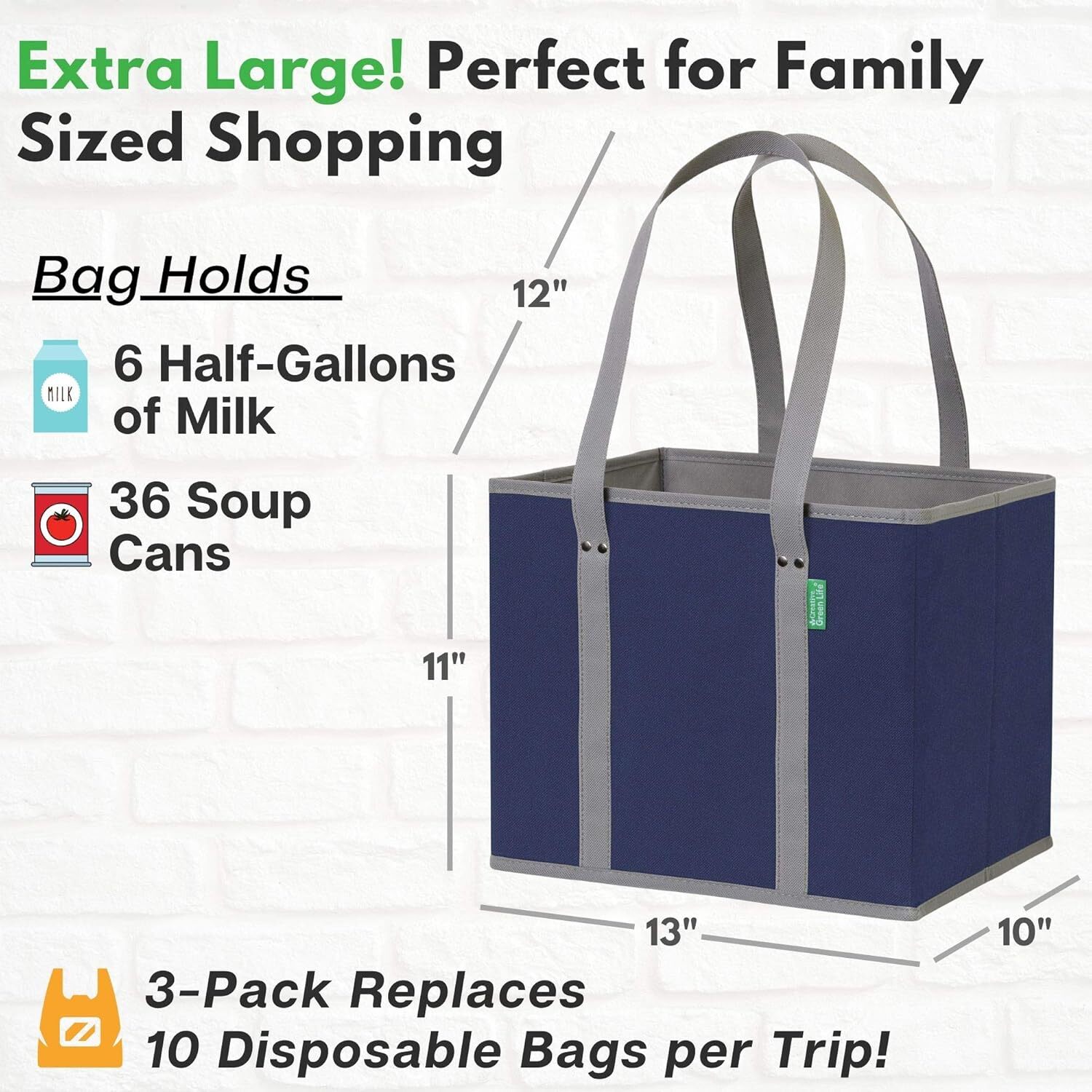 Reusable Grocery Bags, 3 Pack, Heavy Duty Reusable with Box Shape | Navy Blue
