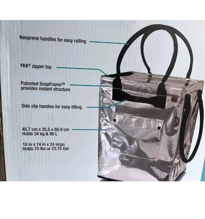 CleverMade Foldable Rolling Tote Bag 18″W x 24″H Soft Grip 90L 75lb Silver New
