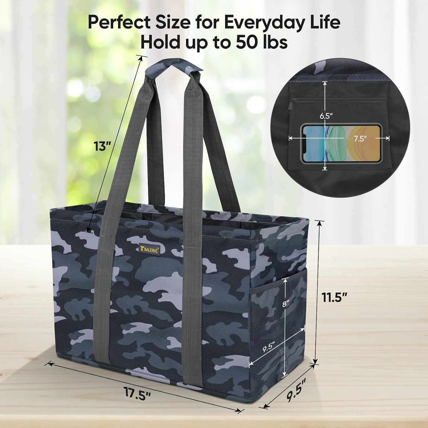 Soft 9 Gallon Extra Large Utility Tote, Foldable Reusable Storage Bag (Grey Camo