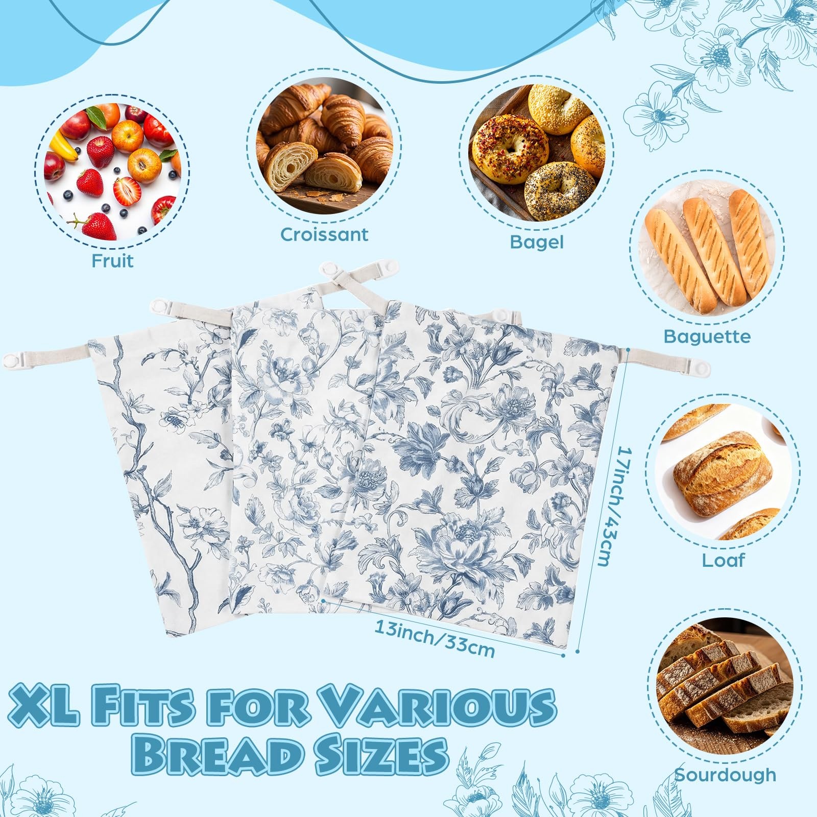 Tallew 3 Packs Beeswax Bread Bags for 17 inches x 13 inches, blue, white
