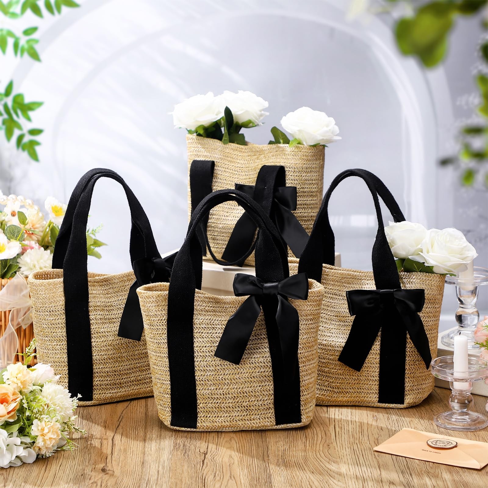 6 PCS Bridesmaid Straw Beach Bags Woven Burlap Tote Handle Ribbon Black