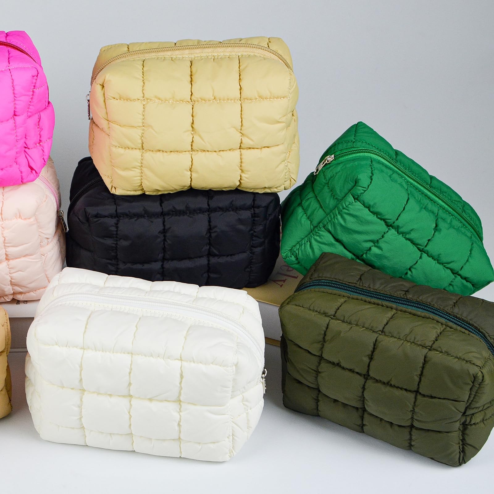 AMZMA Puffy Quilted Makeup Bag for Women, Water-Resistant Military green