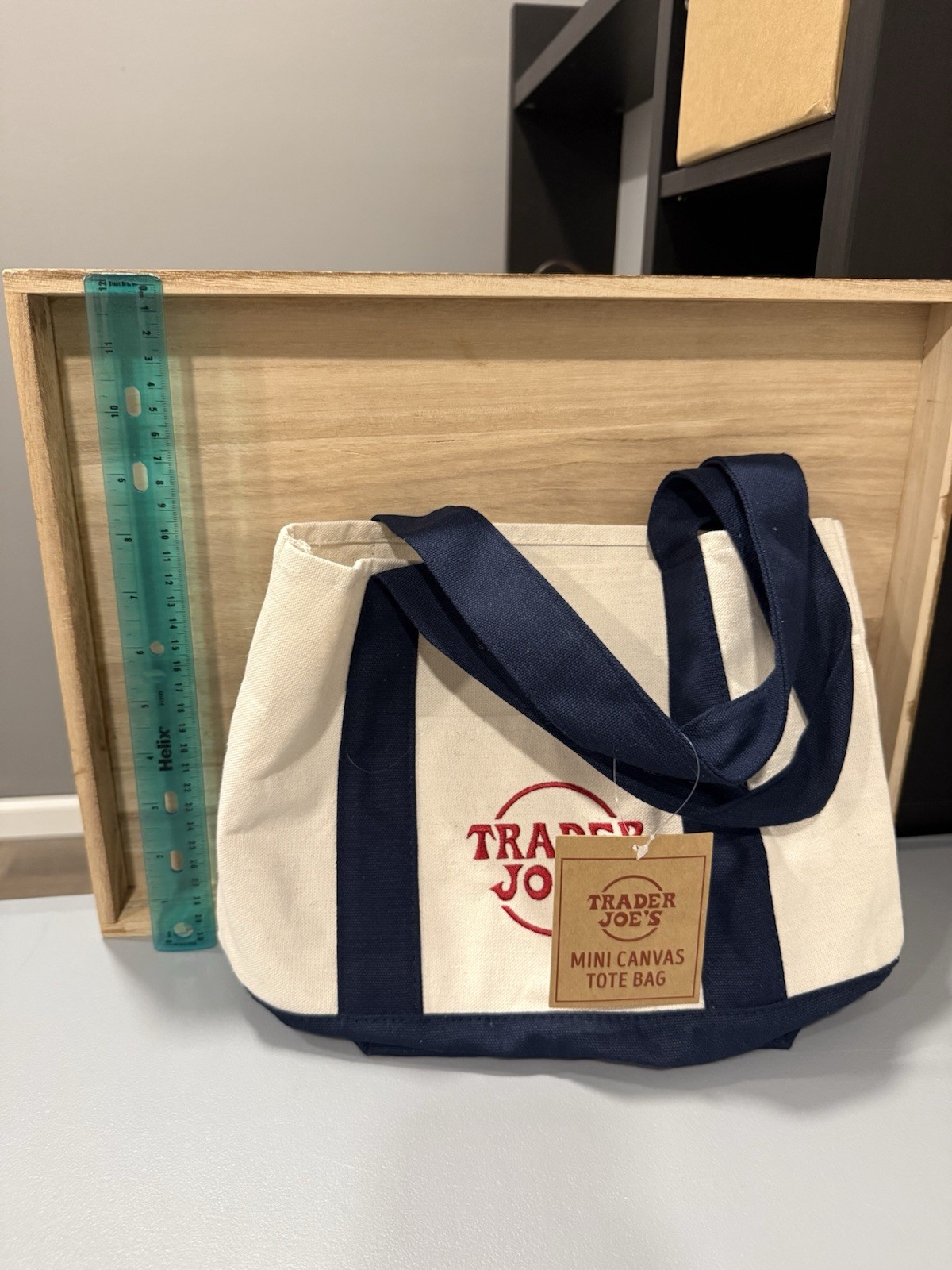 Trader Joe’s Mini Canvas Tote Bag Foldable Navy Blue Beige Small Solid