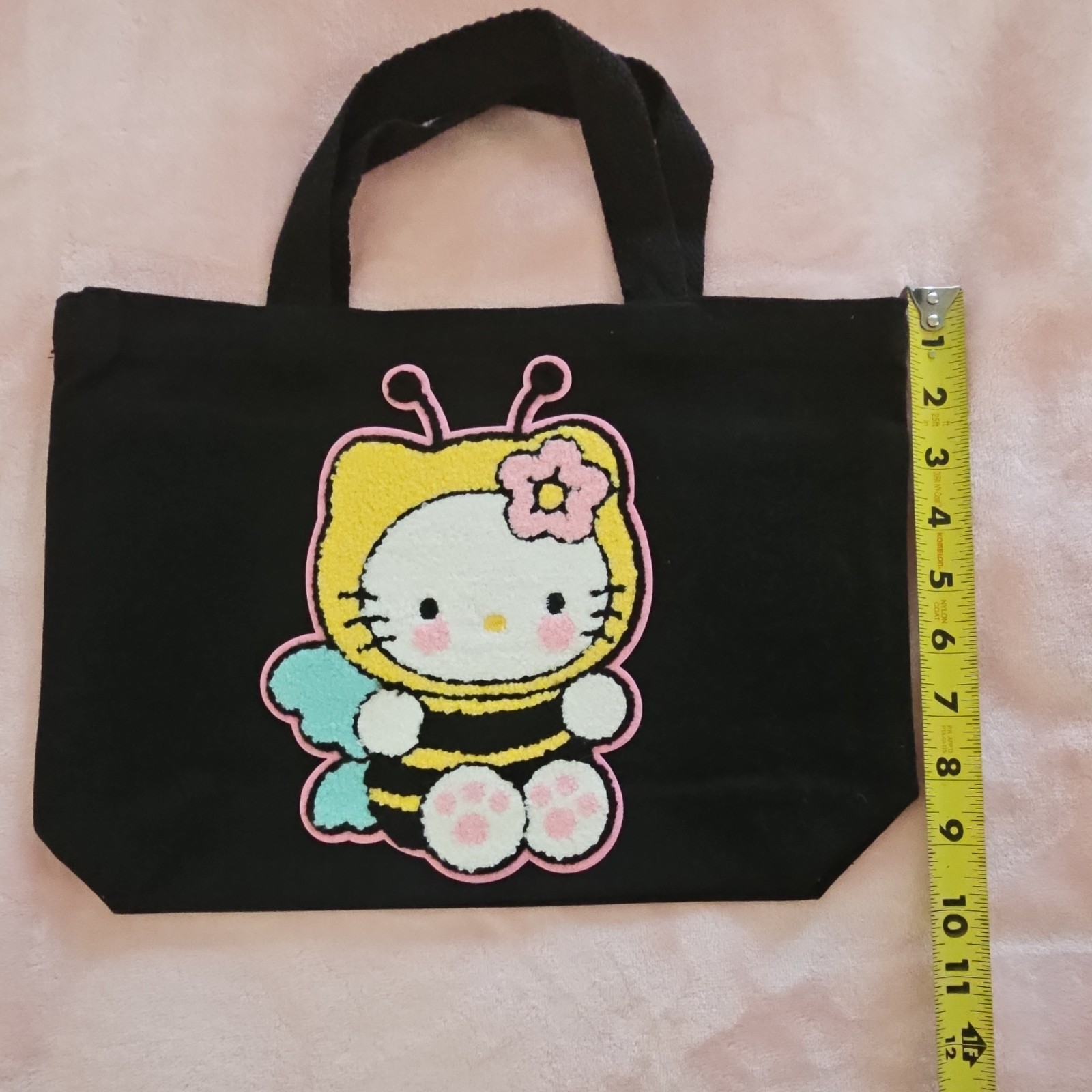 Reusable Black Fabric Tote Bag w/ Character Bee Applique 15x10x4″