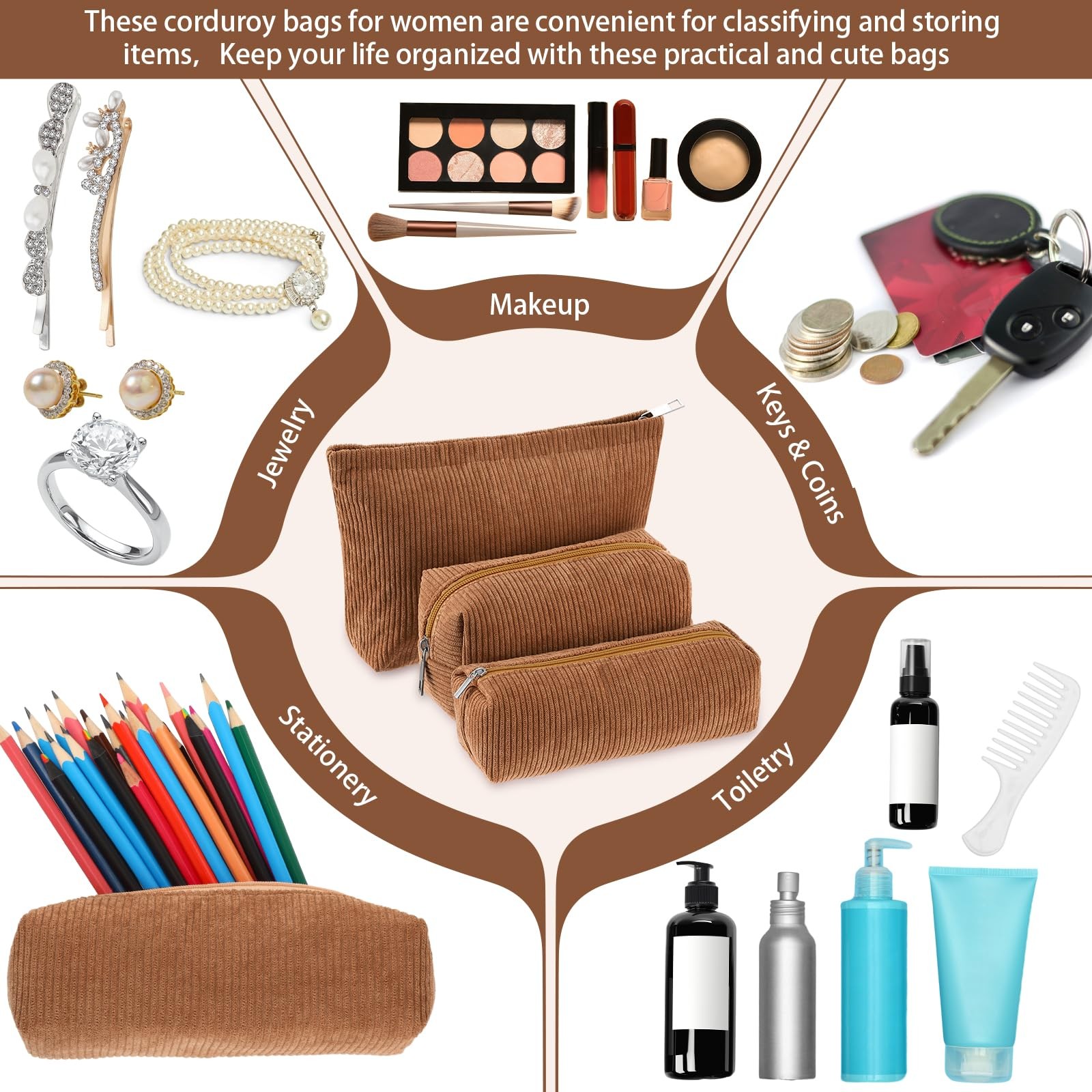 Huhumy 3 Pcs Makeup Bag Set for Women Corduroy Cosmetic Pouch Aesthetic Brown