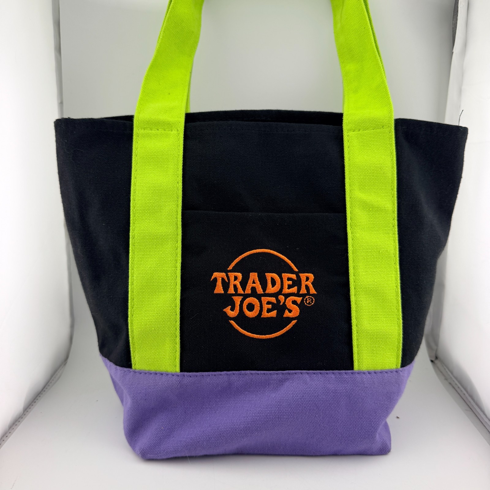 Trader Joe’s Halloween Mini Canvas Tote Black w/green Straps, Purple, w/tags