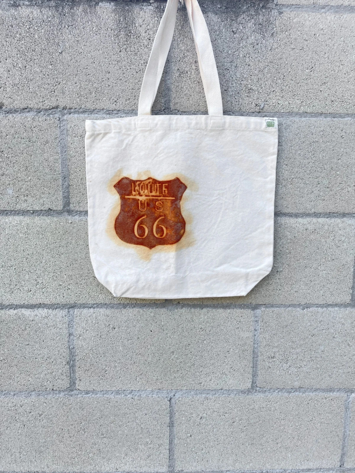 Organic Cotton Farmers Market Tote Bag Route 66 Handmade Large 15×14.25 Rust Dye
