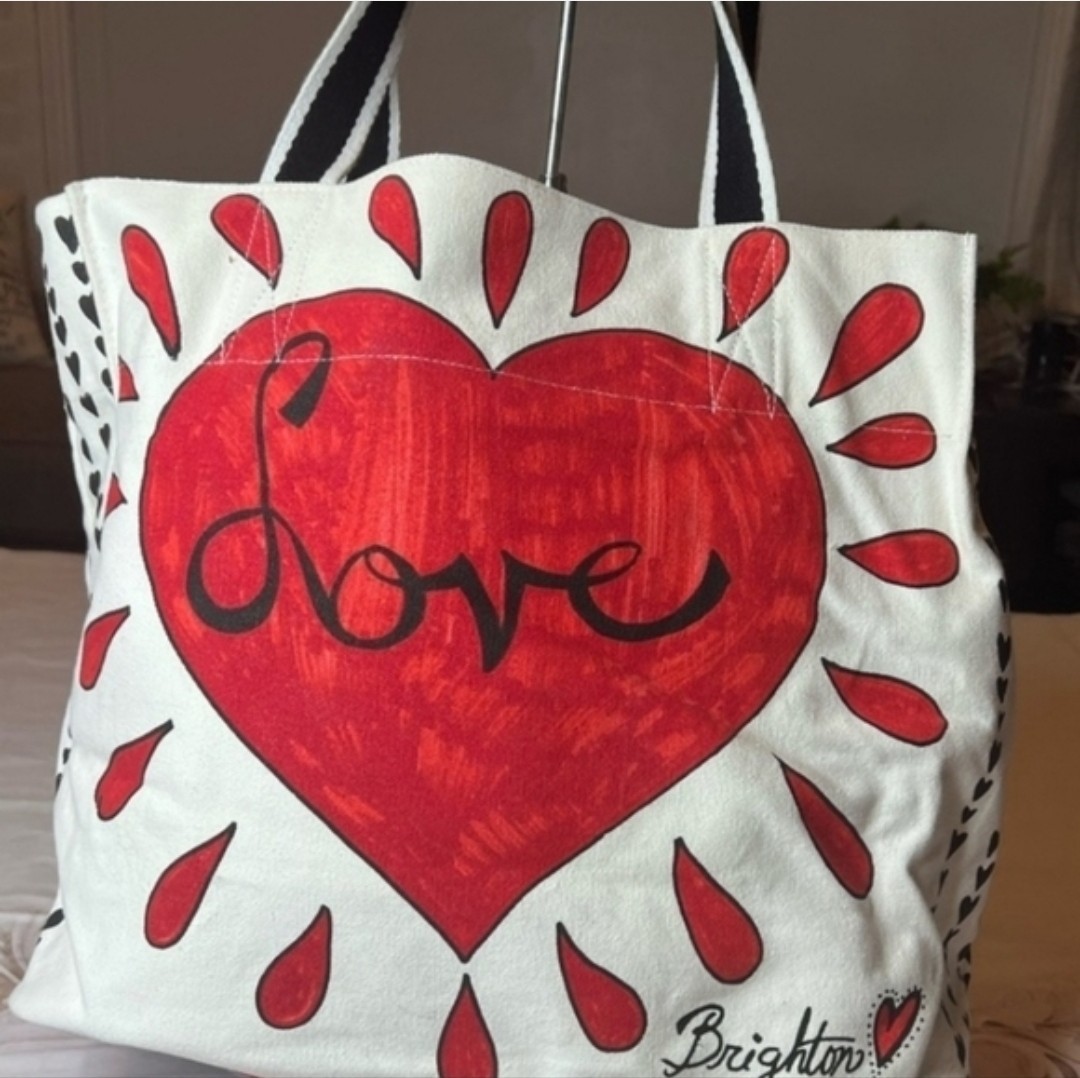 Brighton Love Heart Canvas Reusable Tote Shopping Bag, Large 15x14x8 in, 15 qt