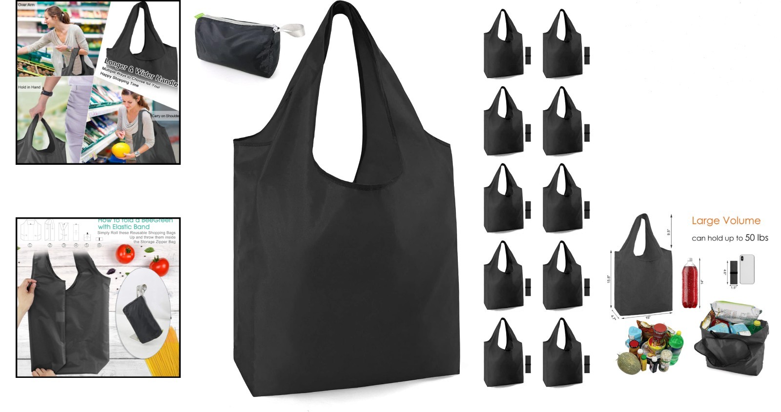 Reusable 10 Pack Black Grocery Bags with Storage Pouch – Eco-Friendly & Durable