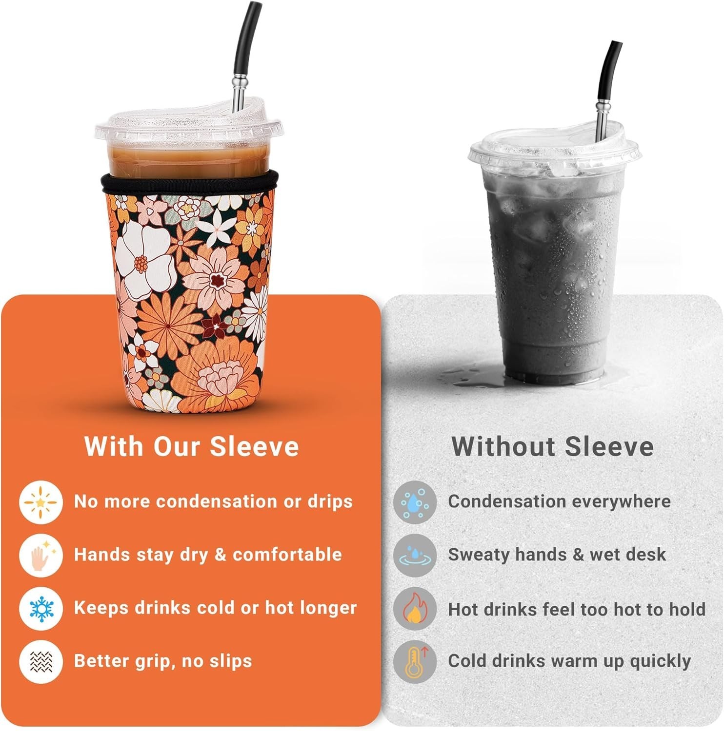 Eco-Friendly Iced Coffee Sleeve – Medium 22-28oz Neoprene Cup Holder, Bohe Daisy
