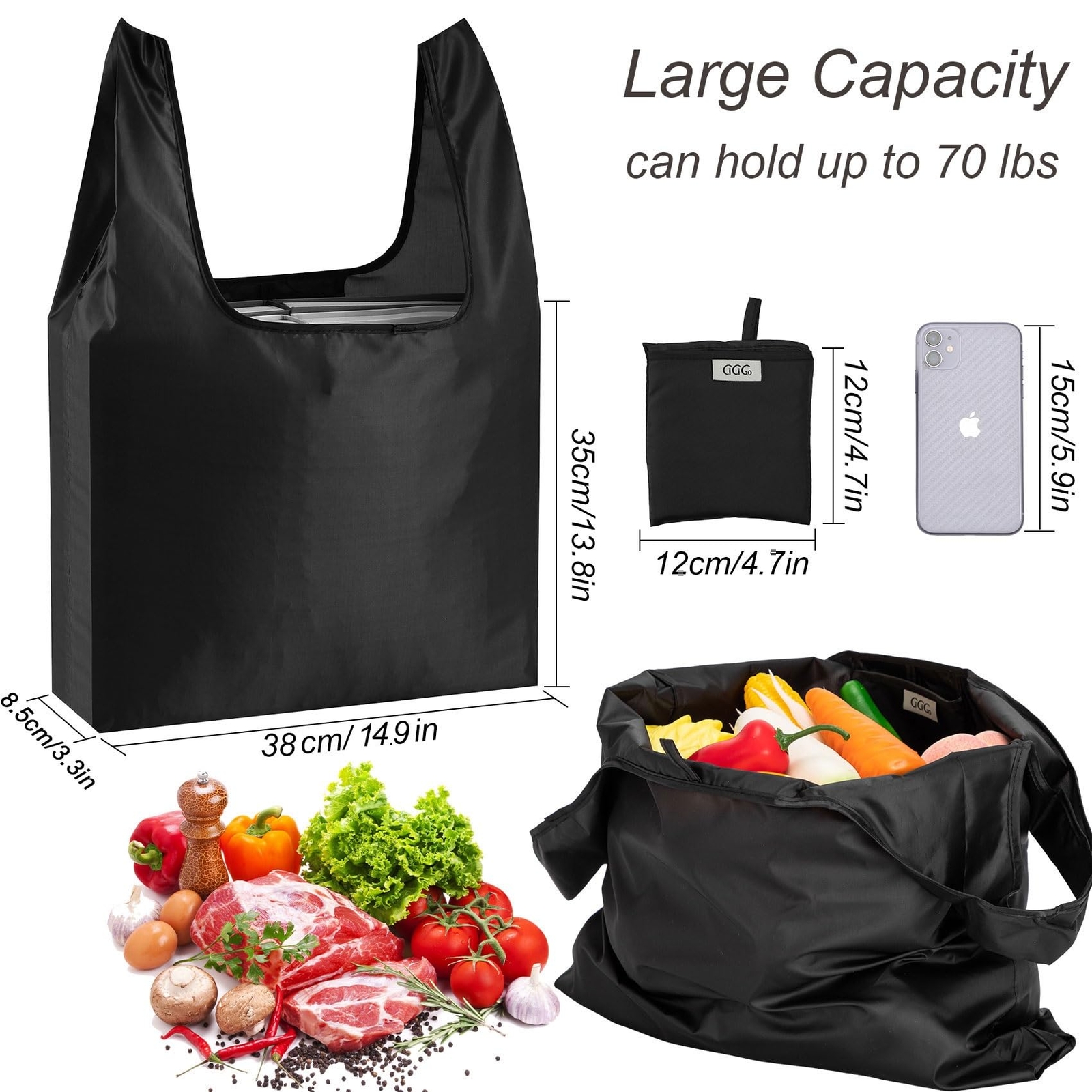 6 Pack Large Black Reusable Shopping Bags Washable Foldable Grocery Tote