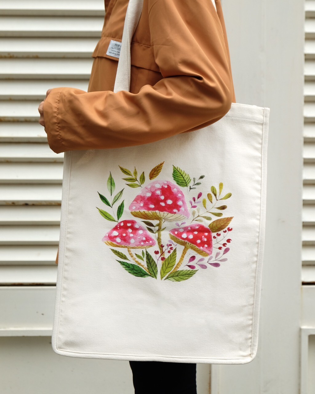 15″L x 19″H Reusable Canvas Mushroom Tote Bag,Grocery Bag,Beach Bag,Shopping Bag