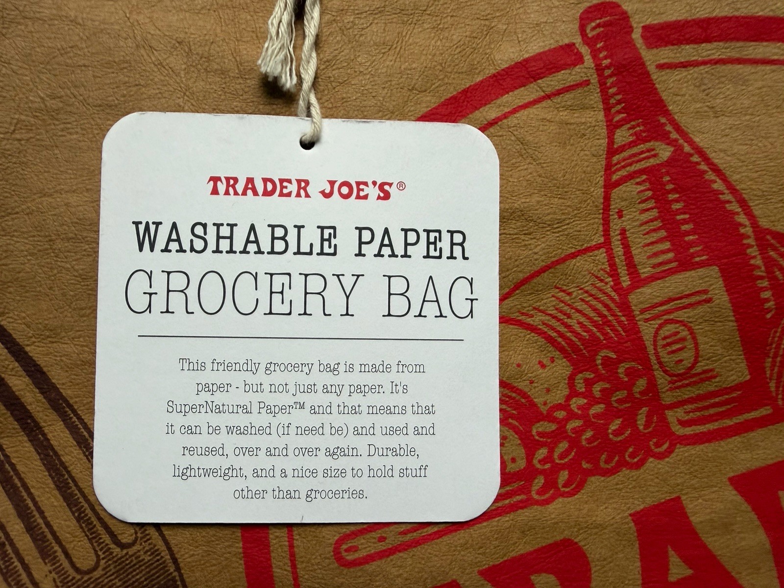 Trader Joe’s Washable Reusable Paper Shopping Bag Brown/Red Logo Tote Brand New