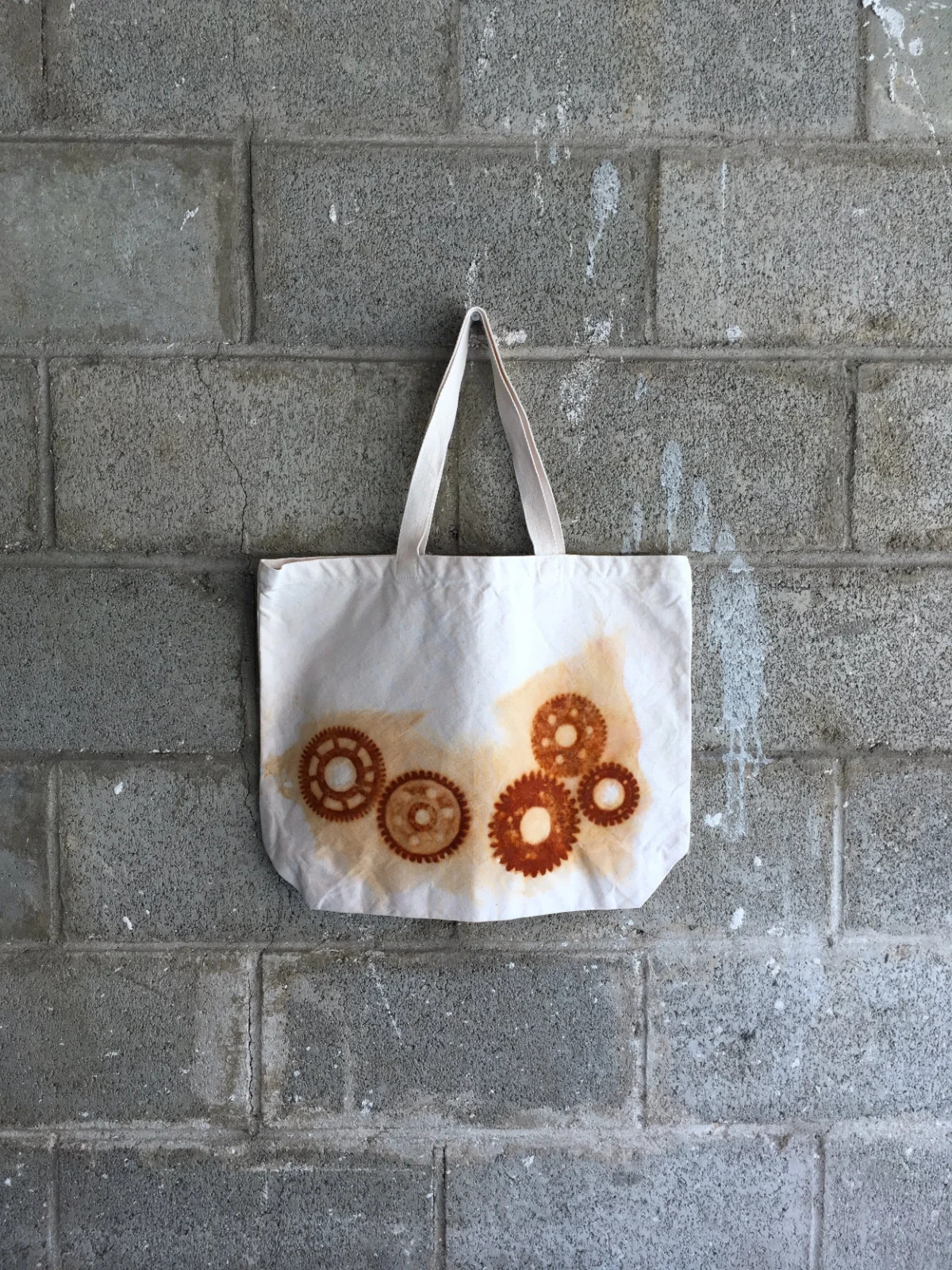 Organic Cotton Farmers Market Tote Bag Rusty Gears Handmade XL 18×14.5 Rust Dyed