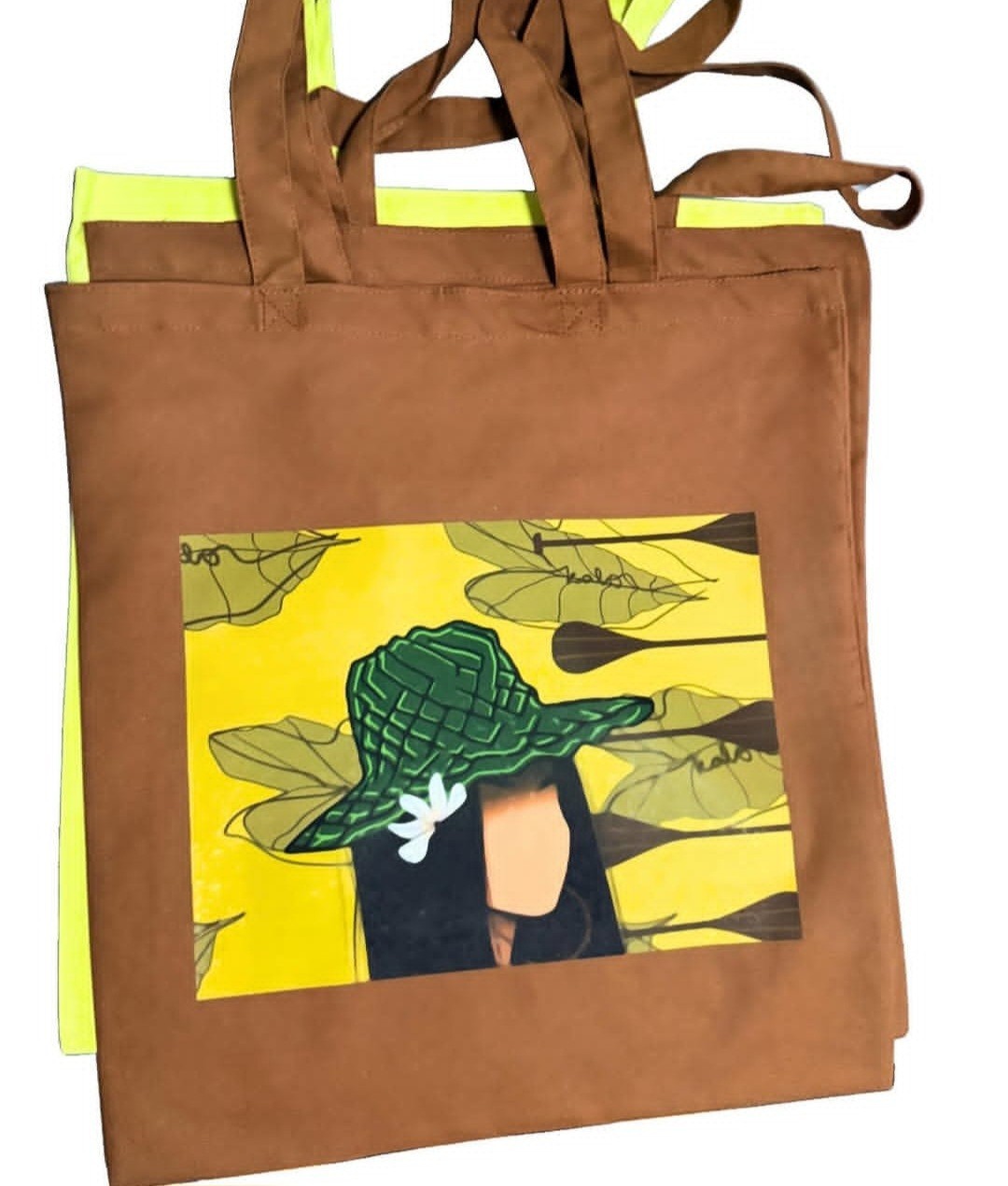Canvas Foldable Reusable Shopping Bags Brown Yellow Graphic Print