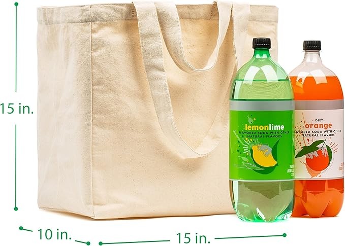 Canvas Grocery Bag 3pc XL Set with Real Pockets, Long Shoulder Strap and Short