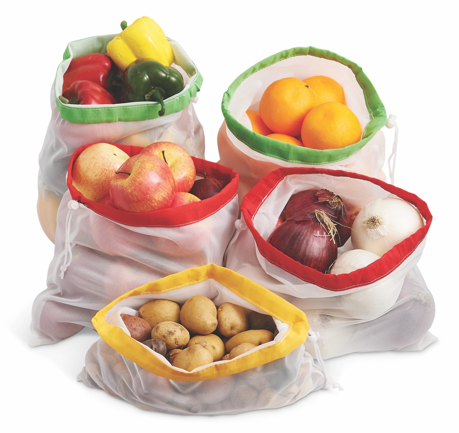 HIC Kitchen Reusable Mesh Produce Bags with Drawstring Closure, Set of 5 plus…